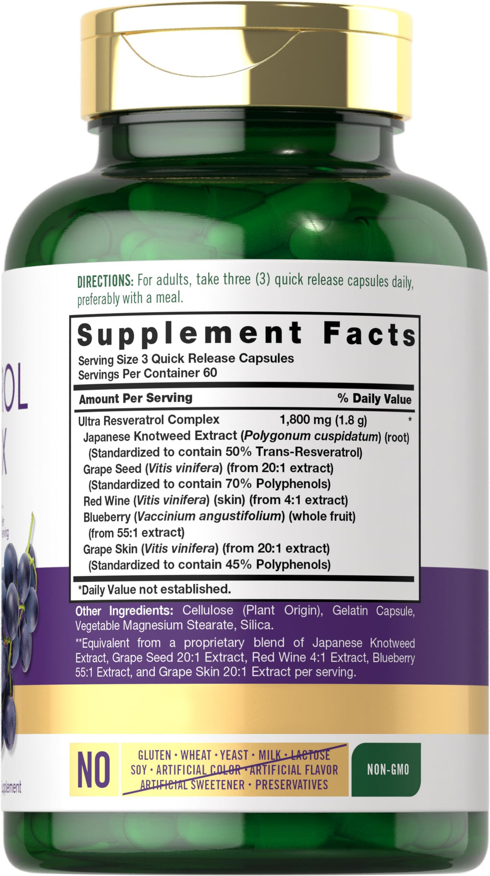 Carlyle Resveratrol bottle back shows Non-GMO and gluten-free claim