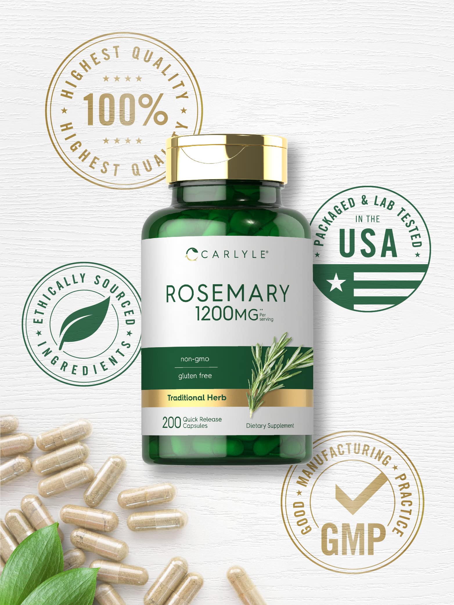 Carlyle Rosemary capsules gluten-free mark visible on bottle.