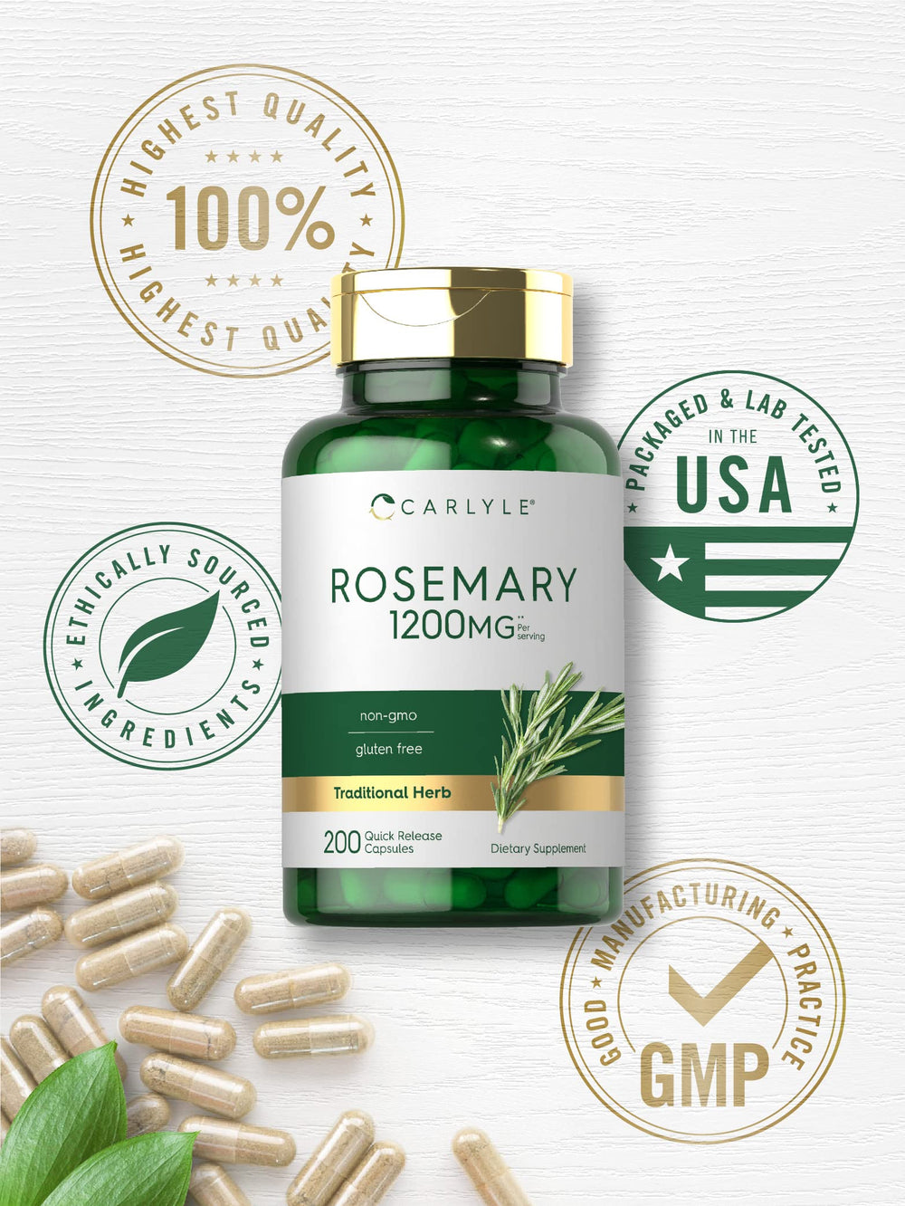 Carlyle Rosemary capsules gluten-free mark visible on bottle.