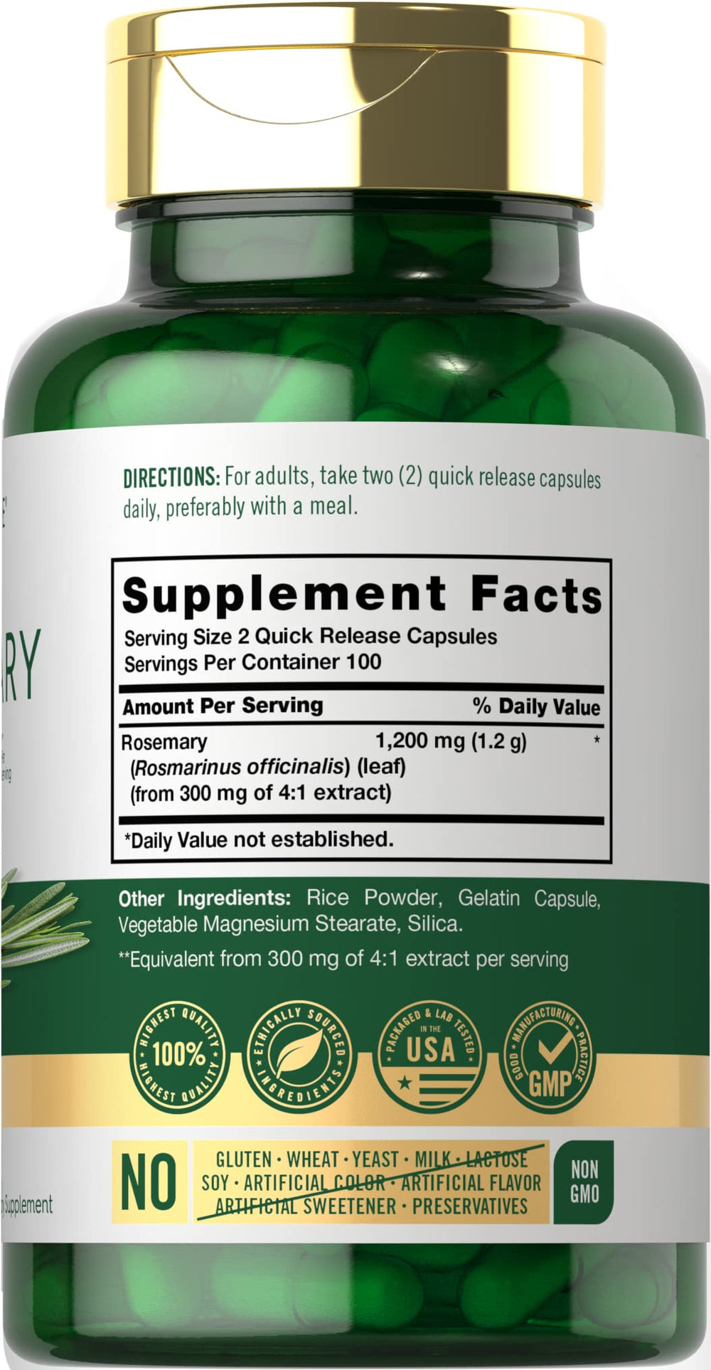 Carlyle Rosemary capsules label close-up showing 1200mg potency.