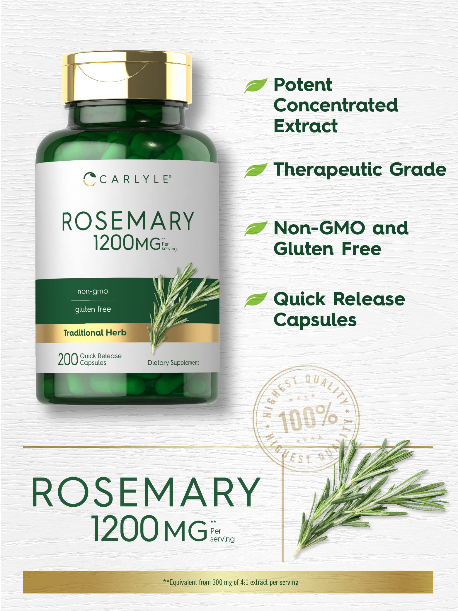 Carlyle Rosemary capsules pouring from bottle for quick-release intake.