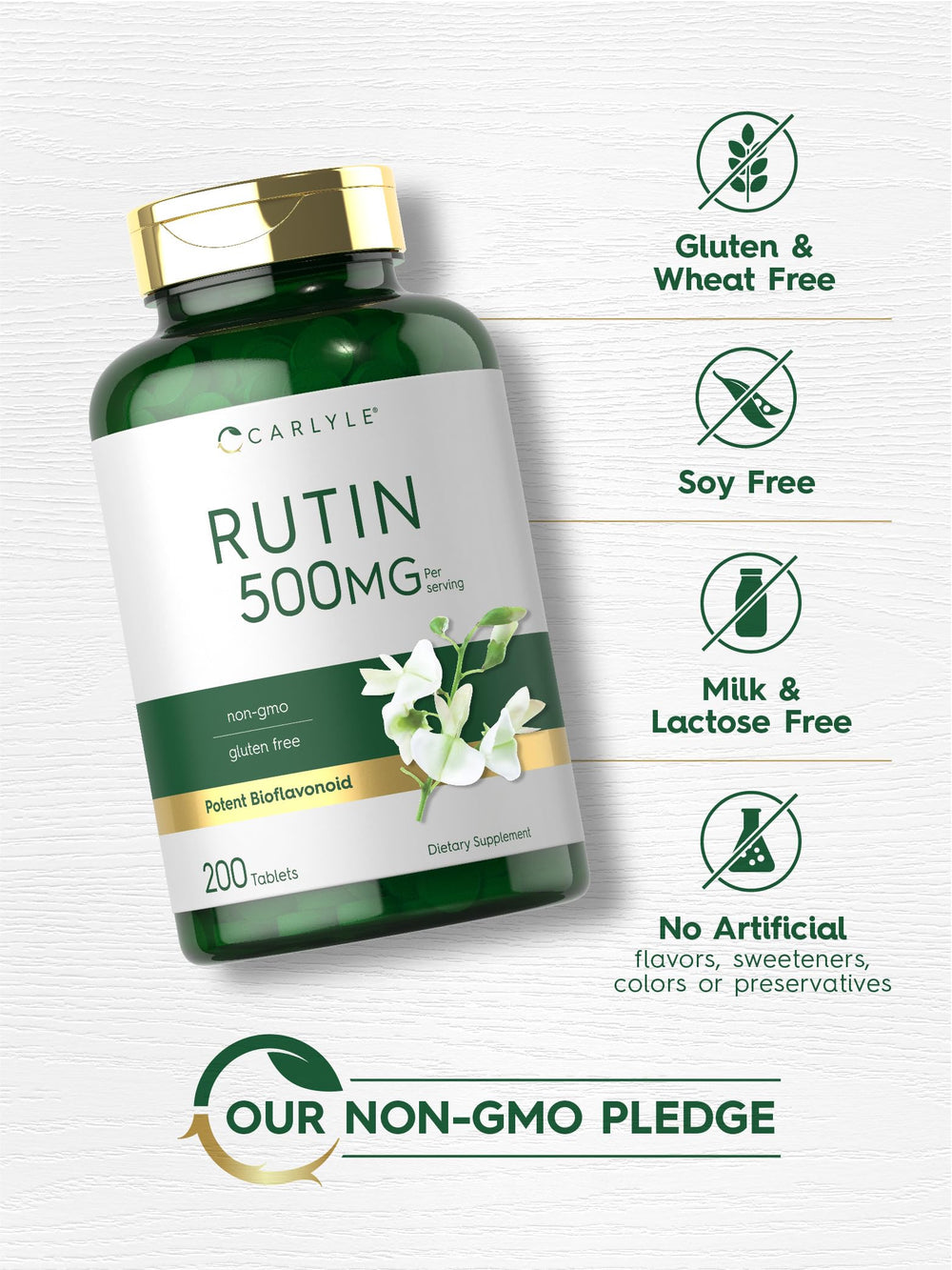 Top view of Carlyle Rutin 200-tablet bottle for everyday dosing.