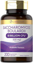 Carlyle Saccharomyces boulardii bottle front promoting daily probiotic support.
