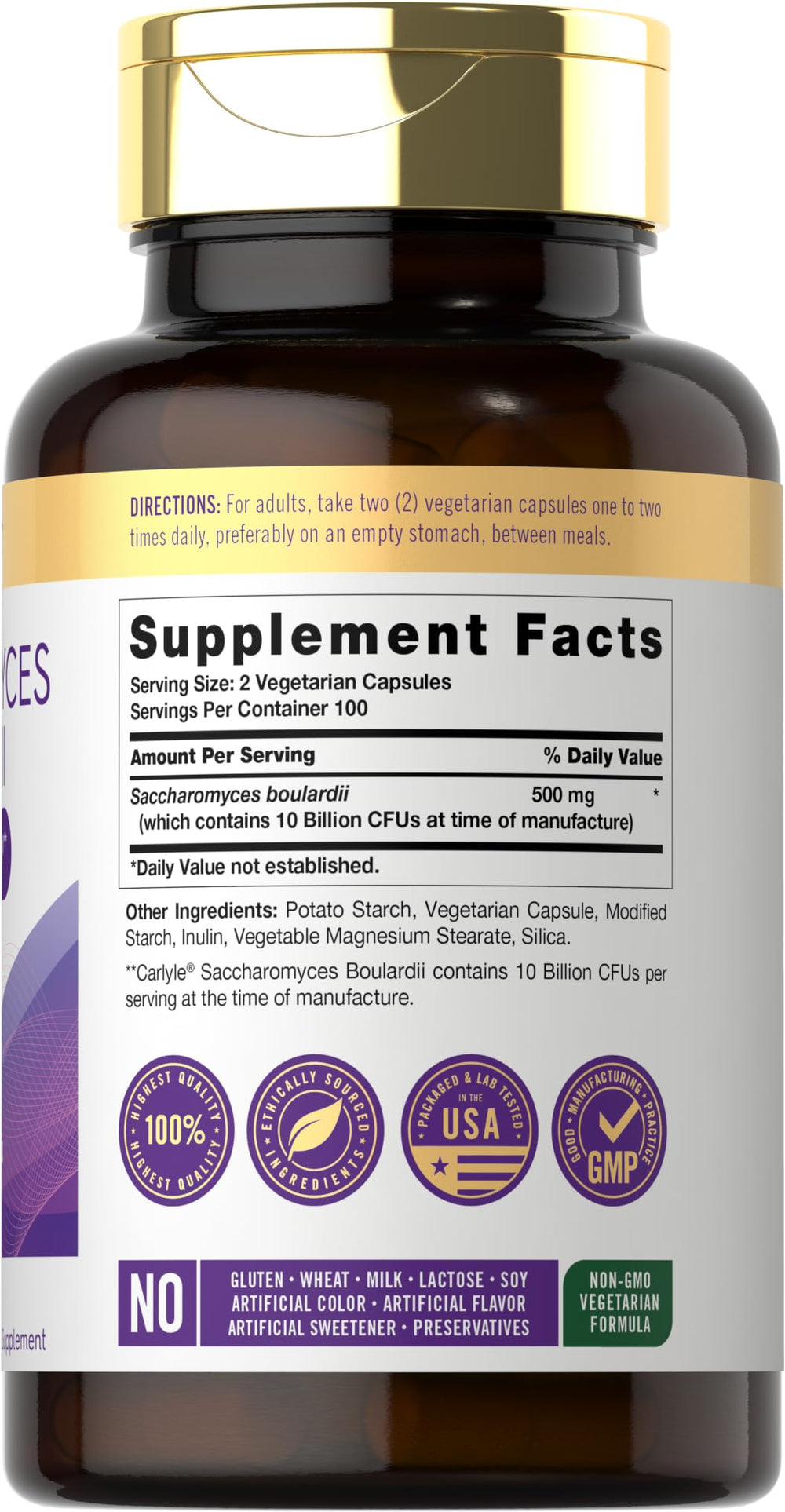 Carlyle Saccharomyces boulardii capsules close-up shows vegetarian, easy-to-swallow format.