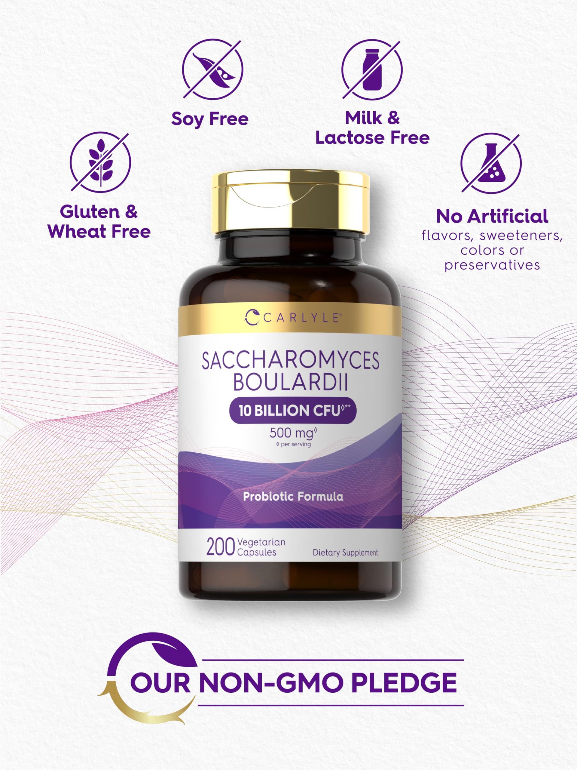 Carlyle Saccharomyces boulardii container side panel lists gluten-free and non-GMO ingredients.