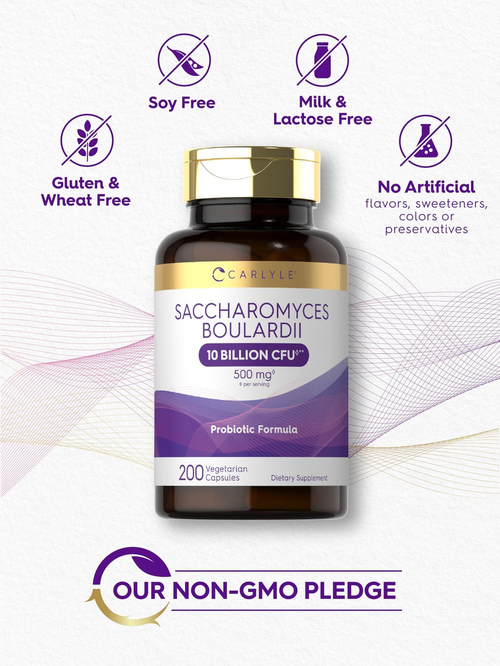 Carlyle Saccharomyces boulardii container side panel lists gluten-free and non-GMO ingredients.