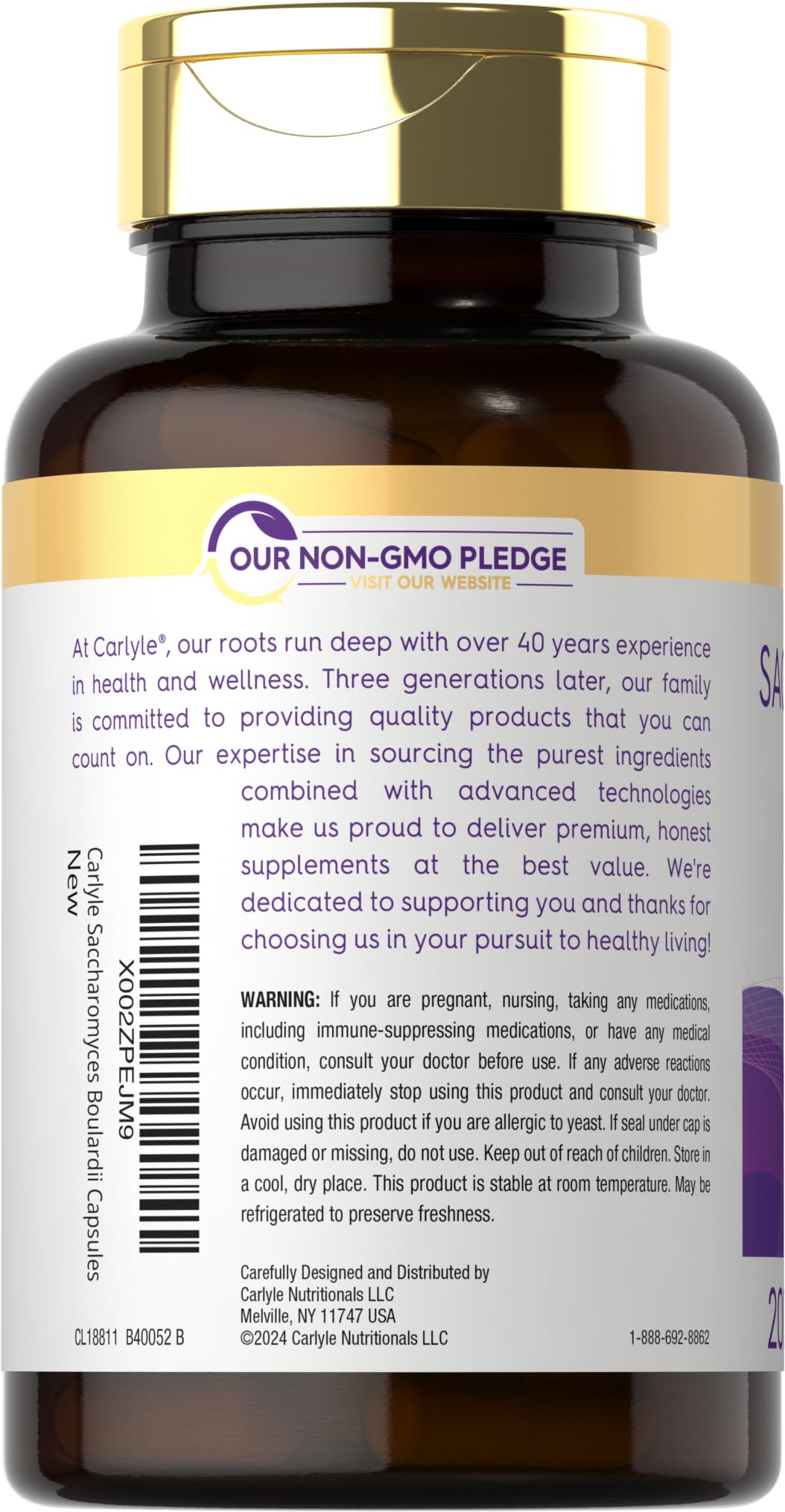 Carlyle Saccharomyces boulardii label highlights 10 Billion CFUs per serving.