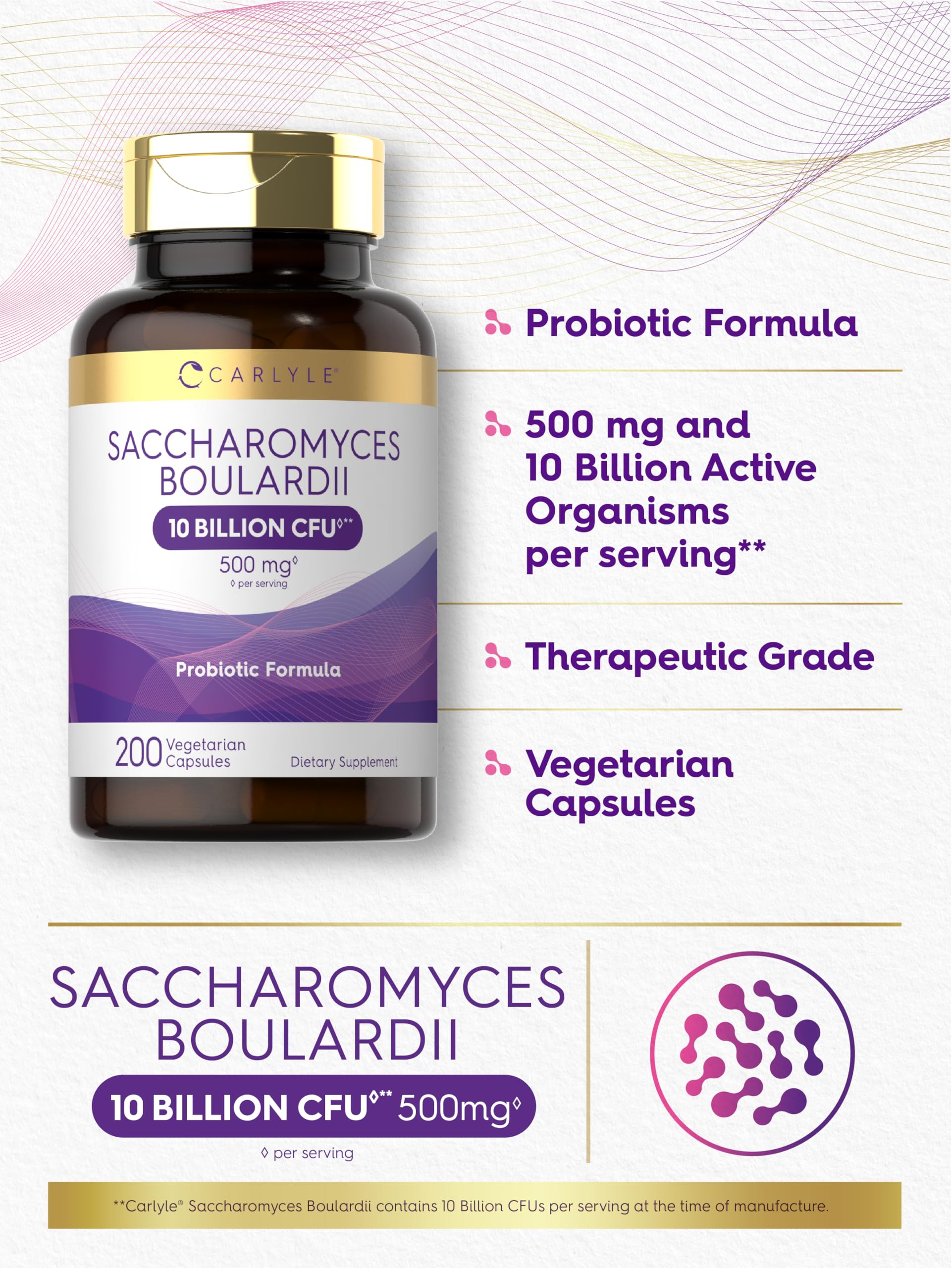 Carlyle Saccharomyces boulardii packaging box conveys value size with 200 capsules.