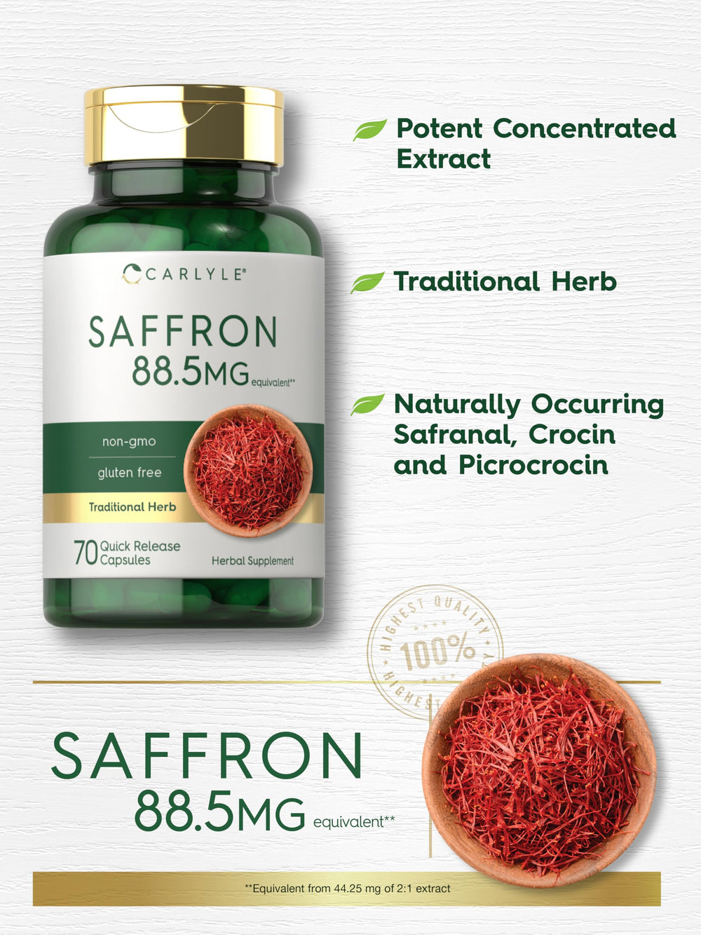 Carlyle Saffron Extract bottle label shows 88.5 mg per capsule.