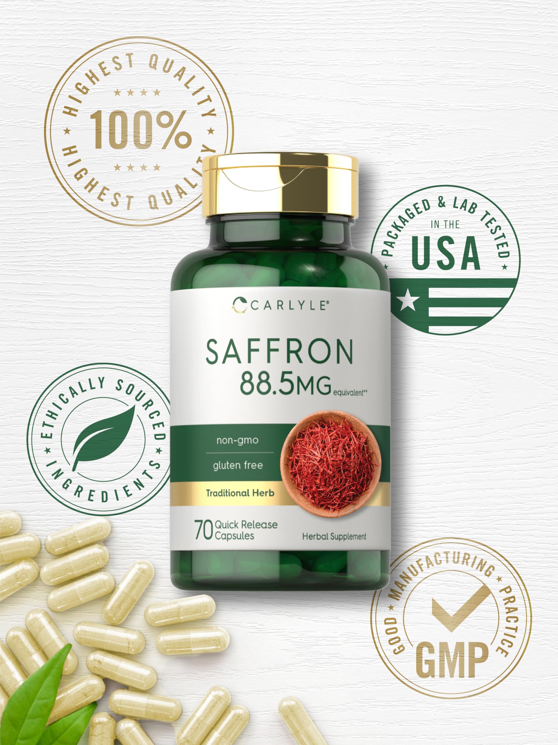 Carlyle Saffron Extract capsules on spoon for convenient use.
