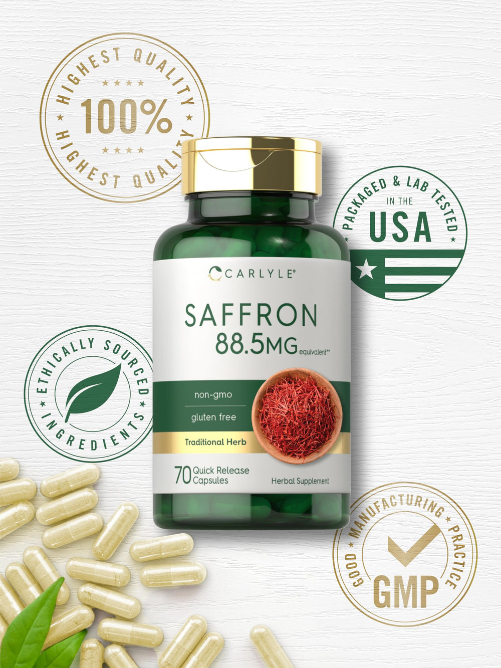 Carlyle Saffron Extract capsules on spoon for convenient use.