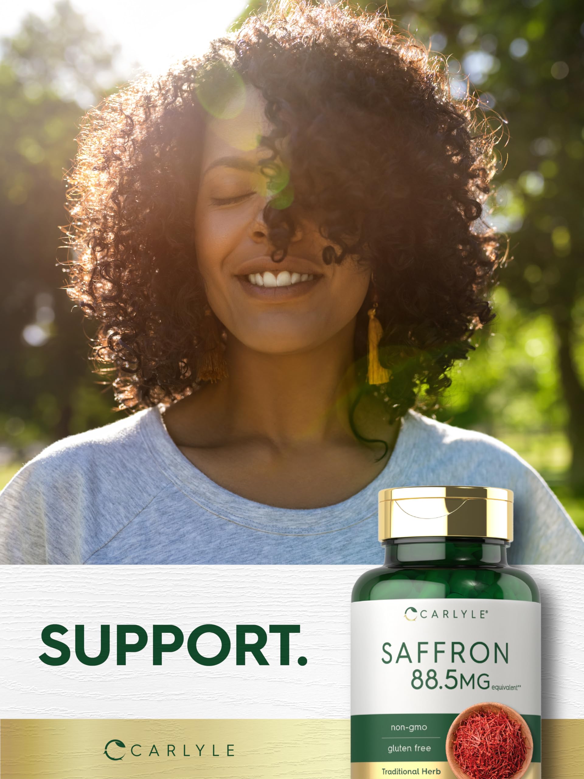 Carlyle Saffron Extract lab-style backdrop suggests tested ingredients.