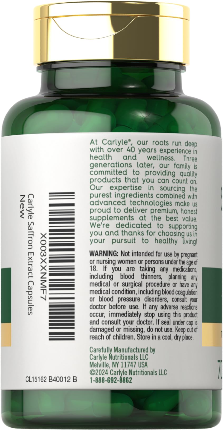 Carlyle Saffron Extract packaging box highlighting non-GMO labeling.