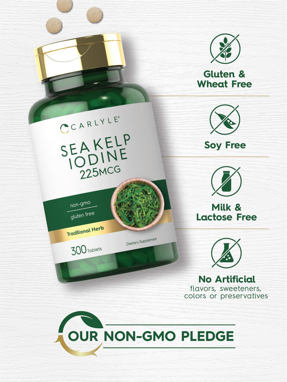Carlyle Sea Kelp bottle detail highlights iodine content and quality assurance