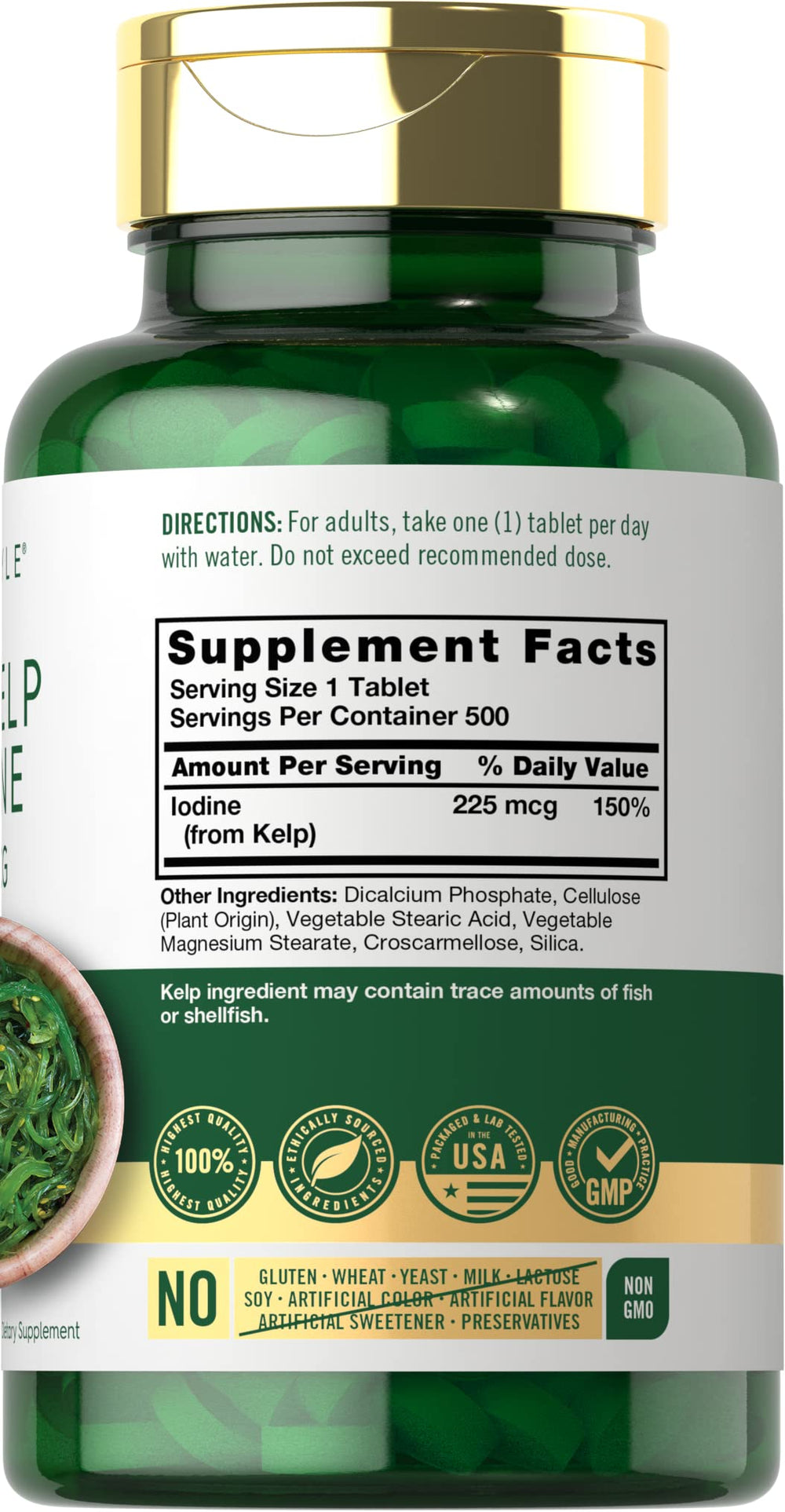 Carlyle Sea Kelp tablets close-up shows 225 mcg per tablet for consistent intake