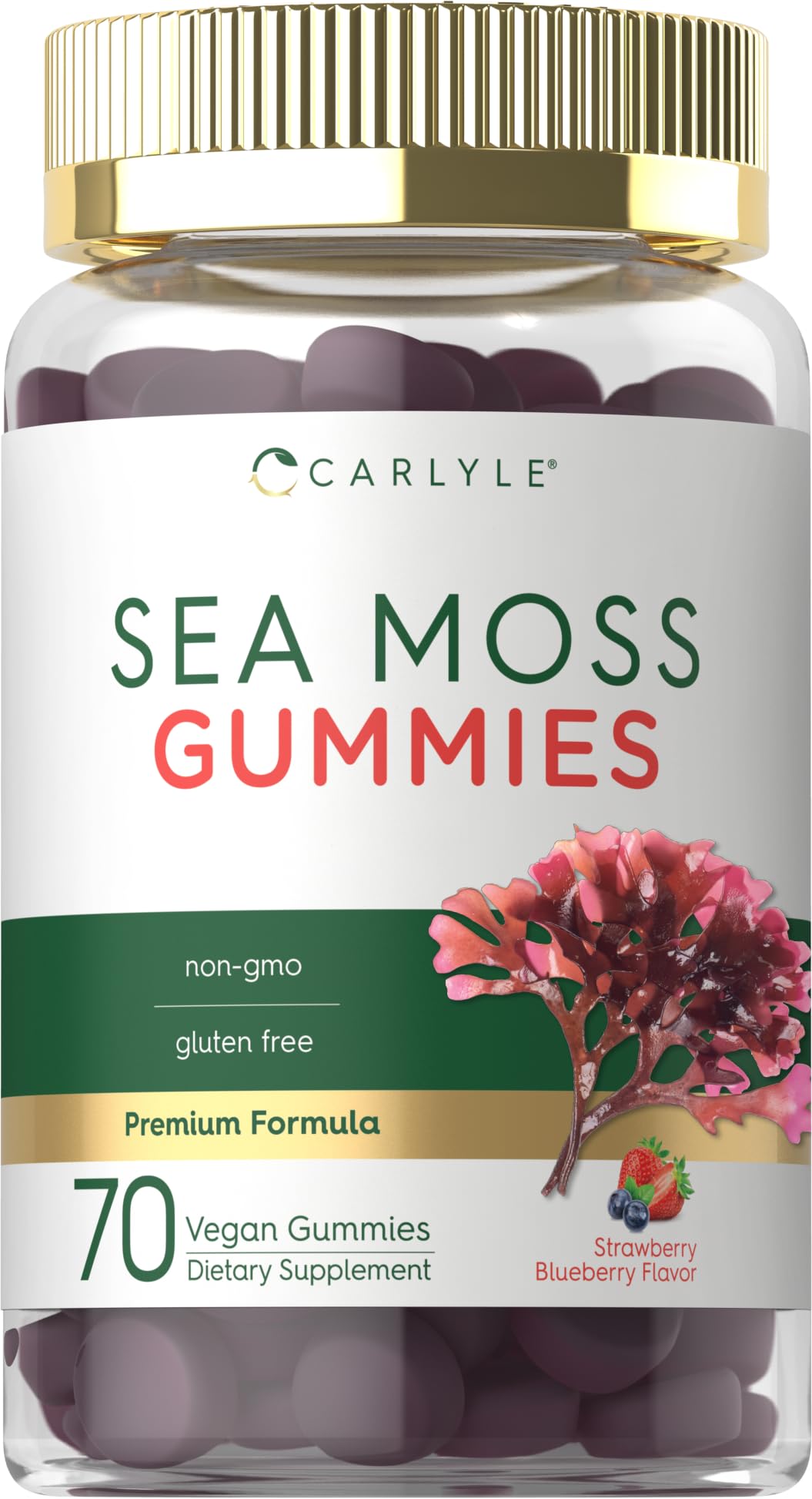 Carlyle Sea Moss Gummies bottle on white, convenient daily vegan wellness.