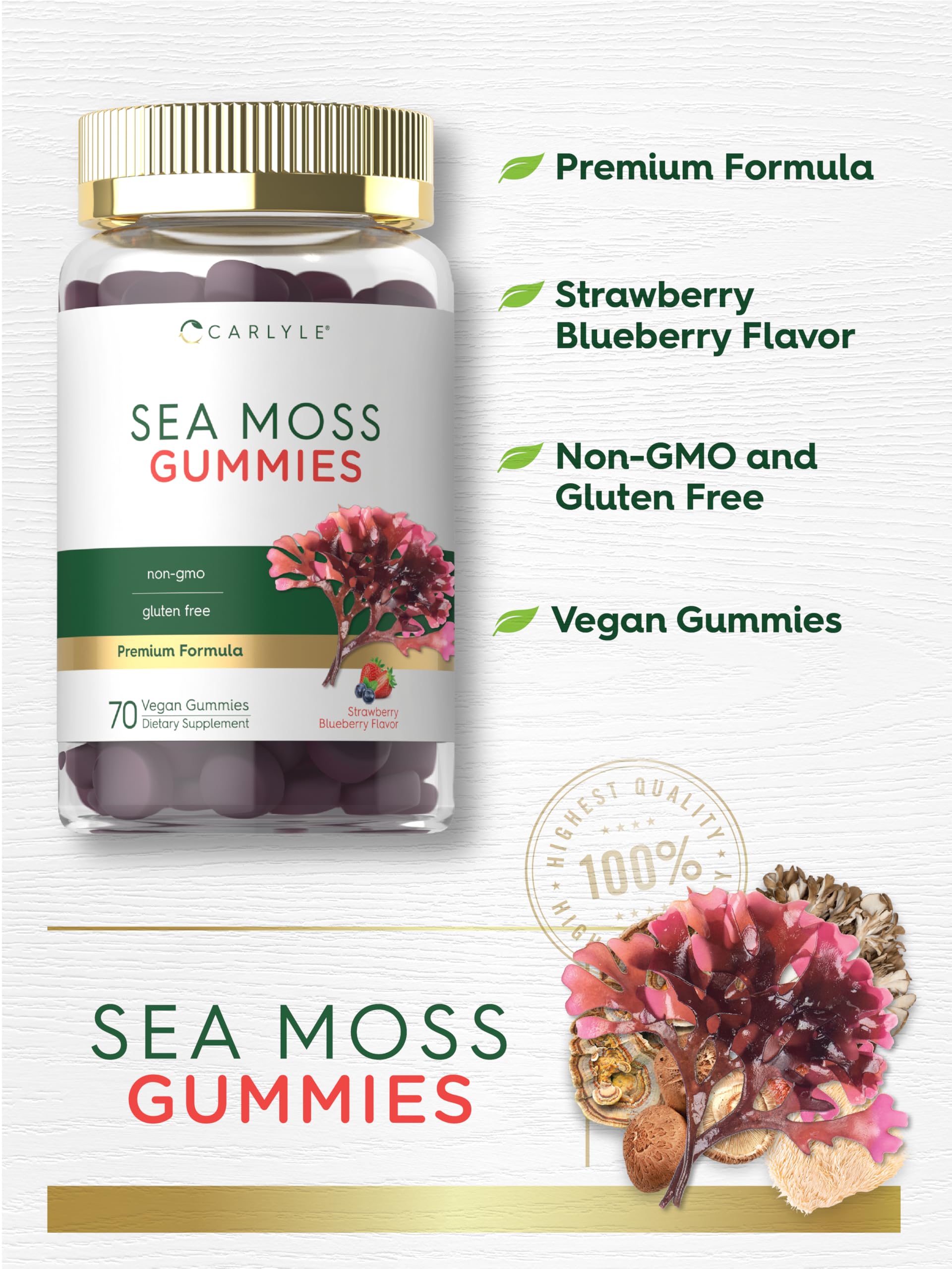 Carlyle Sea Moss Gummies label close-up highlighting strawberry-blueberry flavor.