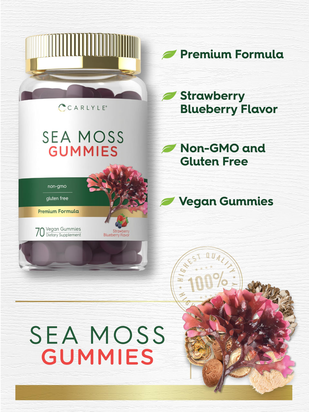 Carlyle Sea Moss Gummies label close-up highlighting strawberry-blueberry flavor.