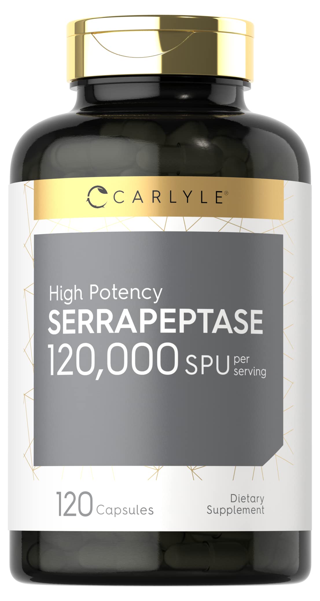 Carlyle Serrapeptase 120000 SPU bottle closeup, high-potency enzyme for daily wellness.