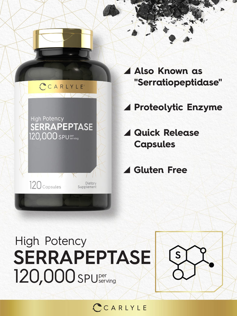 Carlyle Serrapeptase 120000 SPU gluten-free label, suitable for gluten-free diets.