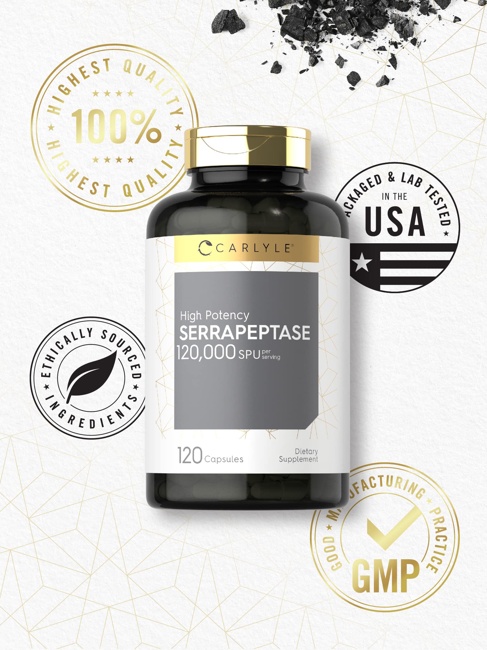 Carlyle Serrapeptase 120000 SPU lab-tested seal, quality you can trust.