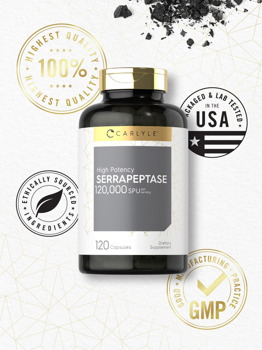 Carlyle Serrapeptase 120000 SPU lab-tested seal, quality you can trust.