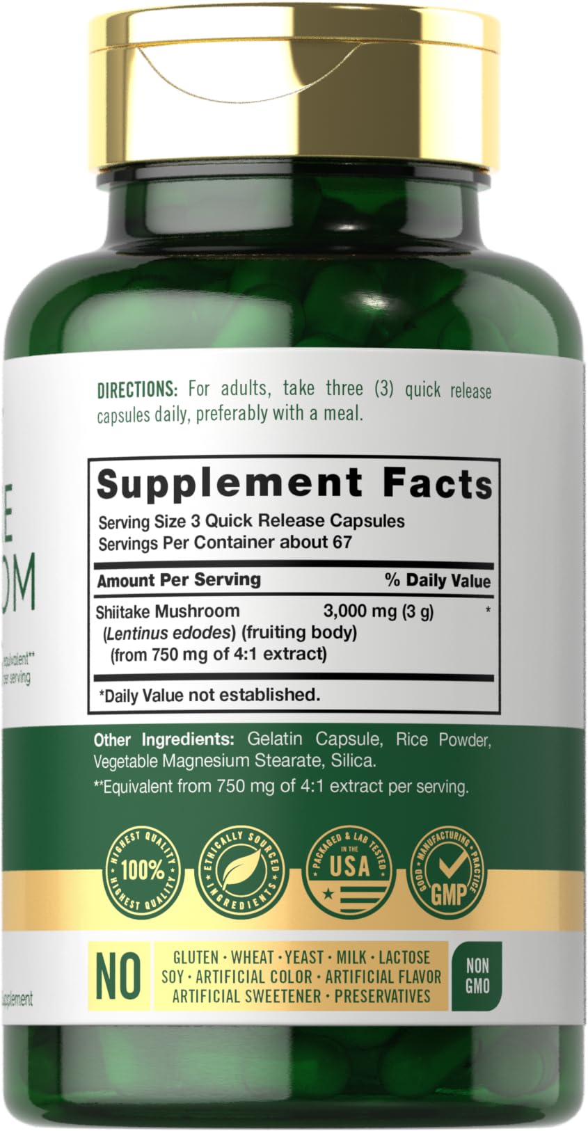 Carlyle Shiitake Extract capsules close-up highlighting high-potency per serving.