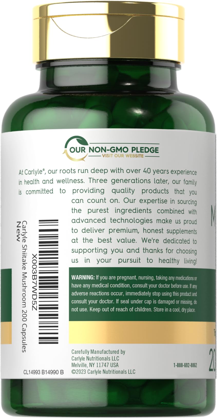 Carlyle Shiitake Extract label close-up shows non-GMO and gluten-free formulation.