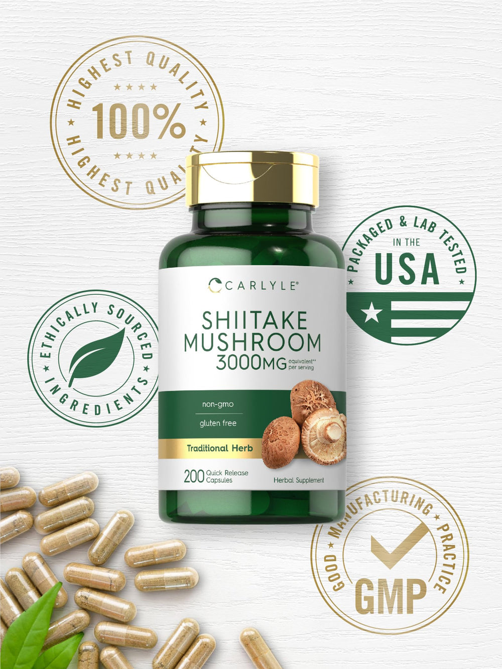 Non-GMO seal on bottle communicates purity for Carlyle Shiitake Extract.