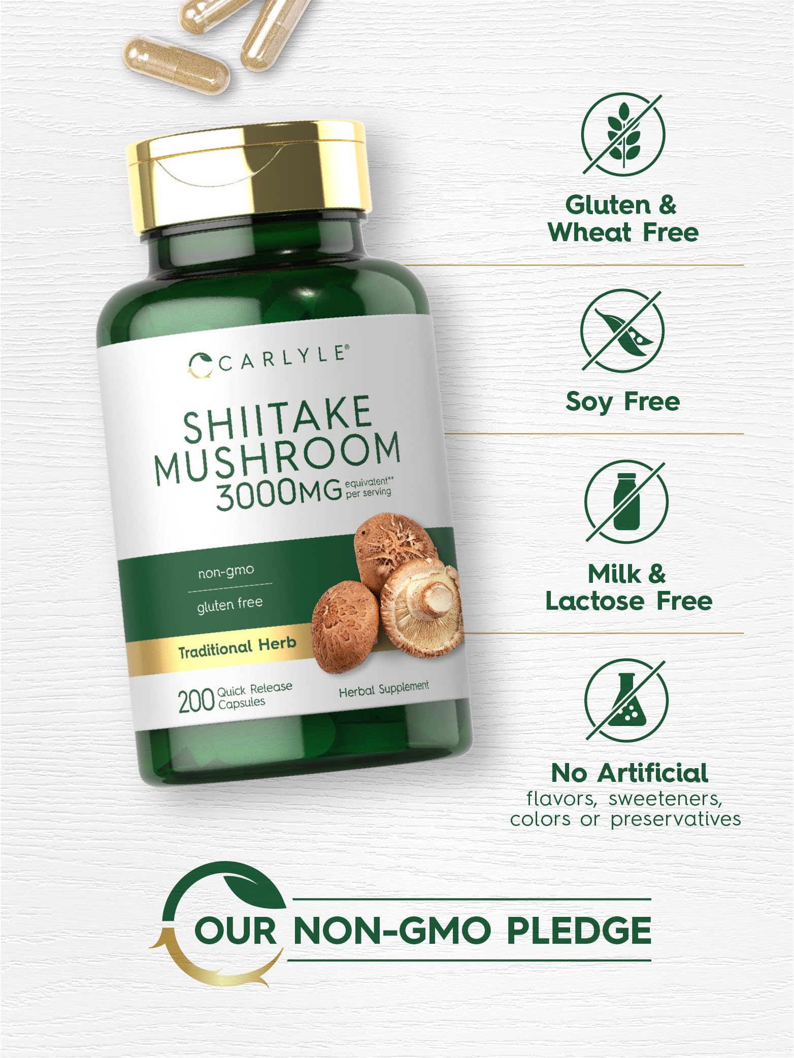 Quick-release Carlyle Shiitake Extract capsules for easy daily intake.