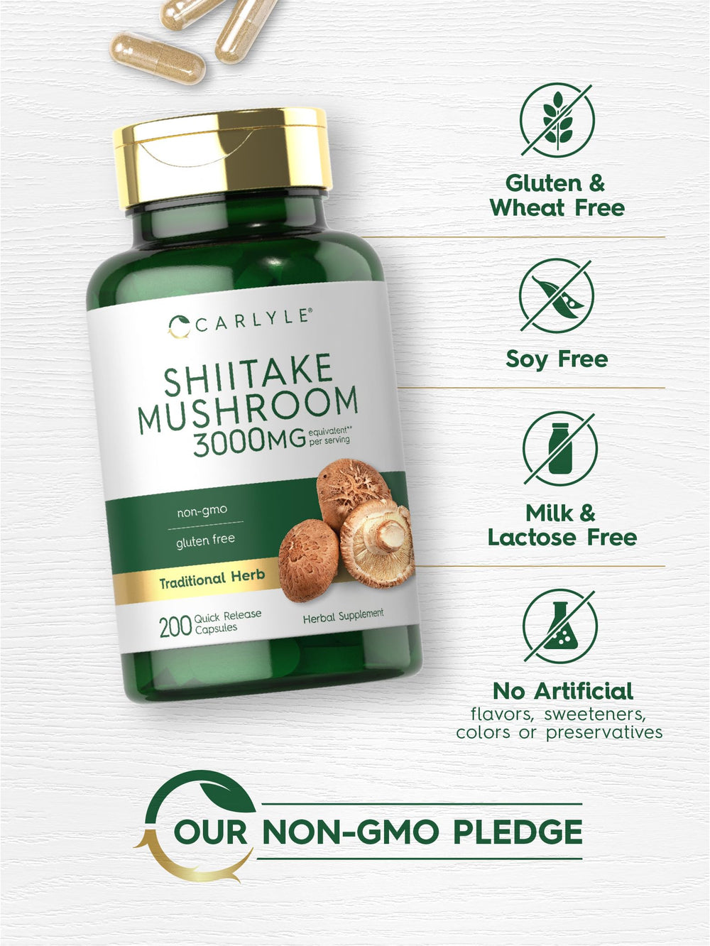 Quick-release Carlyle Shiitake Extract capsules for easy daily intake.