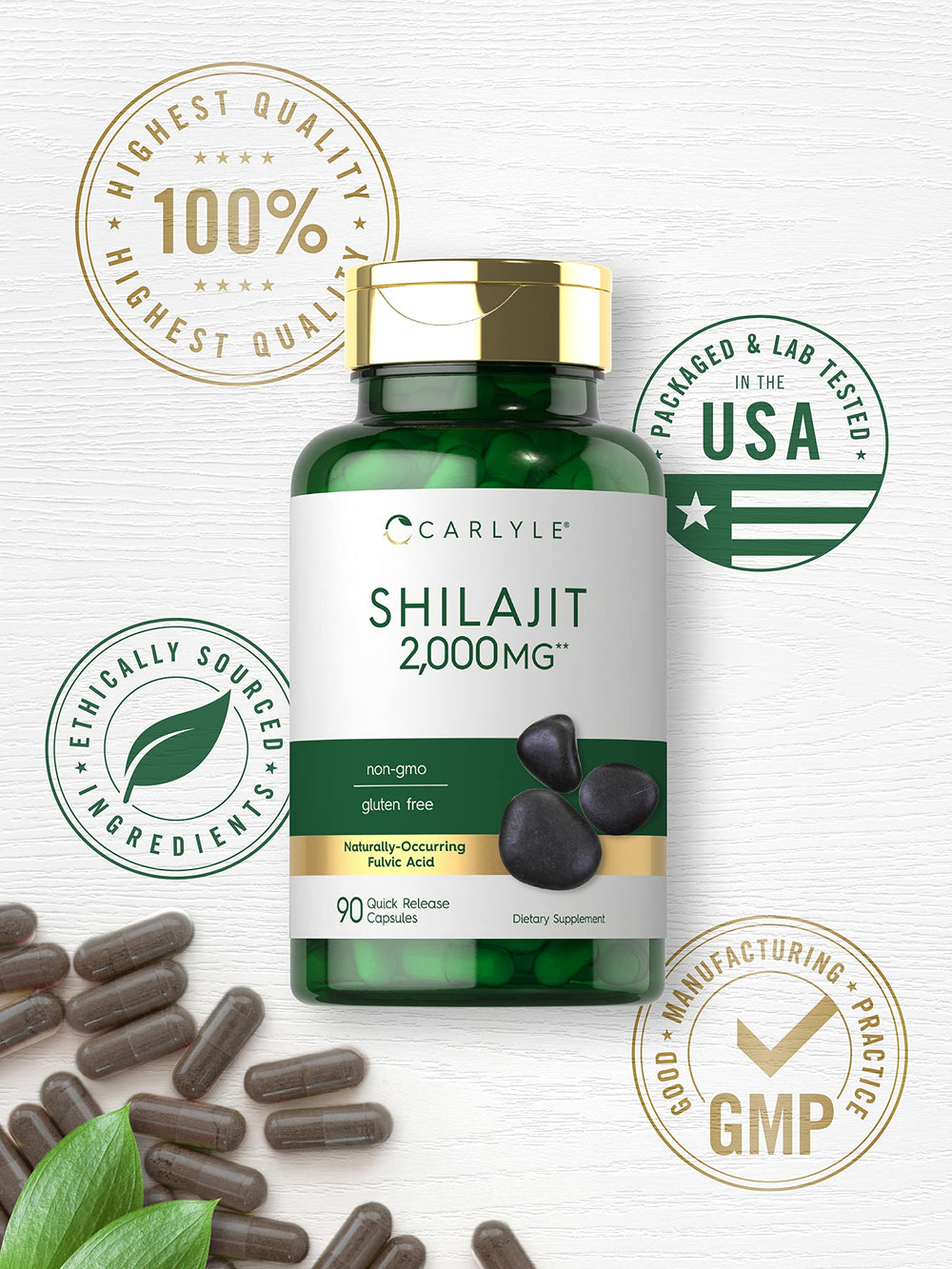 Packaging of Carlyle Shilajit Capsules shows 90-count bottle for long-term use