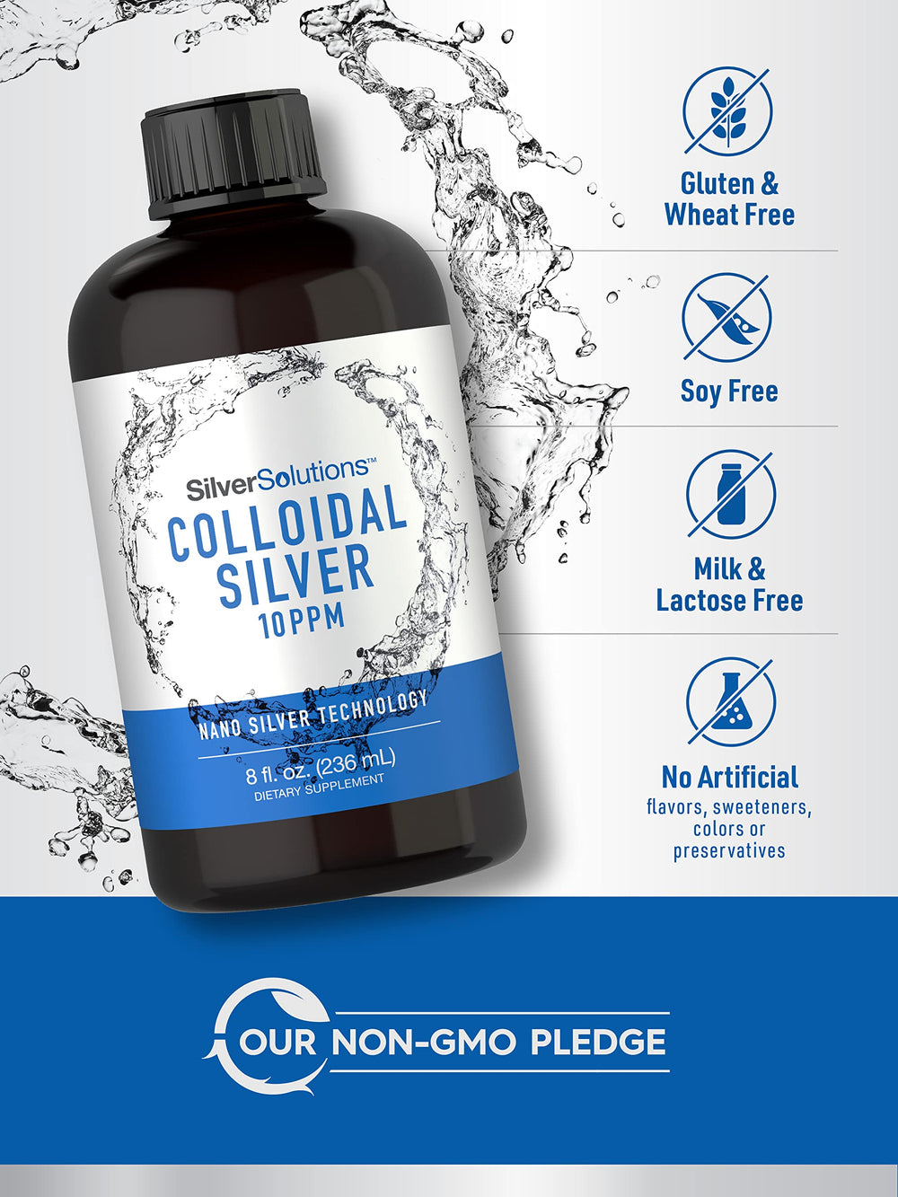 Carlyle plata coloidal libre de gluten y sin OGM para estilo de vida vegetariano.