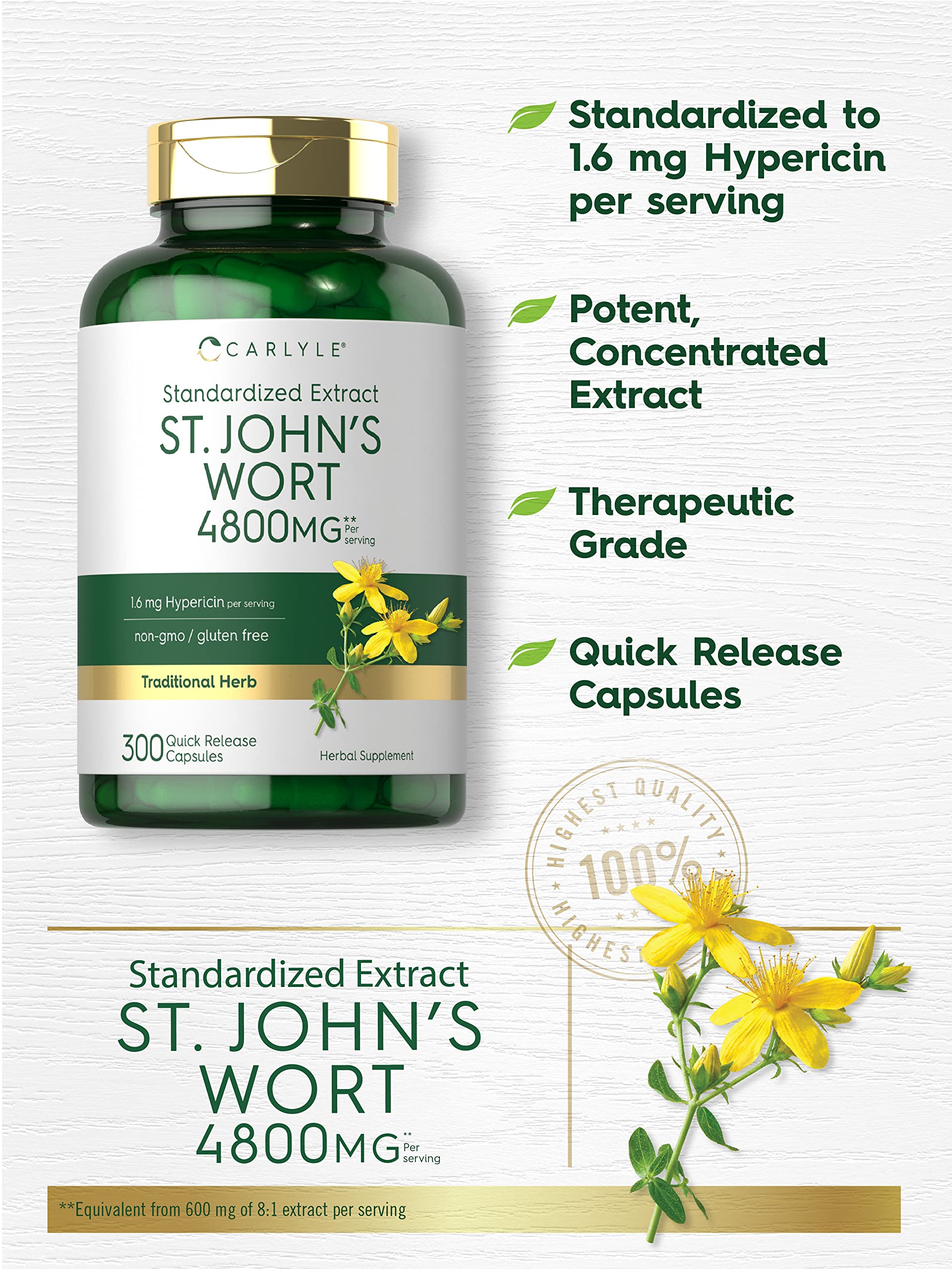 Carlyle St John's Wort capsules packaging highlights 4800 mg per serving detail.