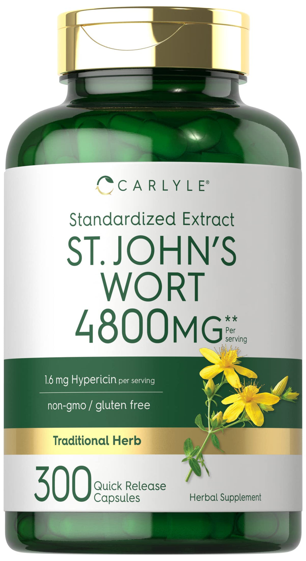 Carlyle St John's Wort capsules bottle with 4800 mg standardized extract for daily use.