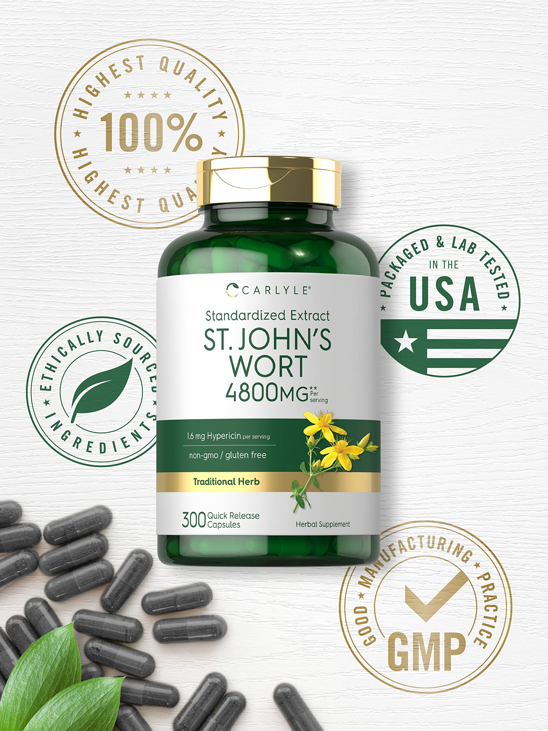 Carlyle St John's Wort capsules show gluten-free and non-GMO badges on packaging.