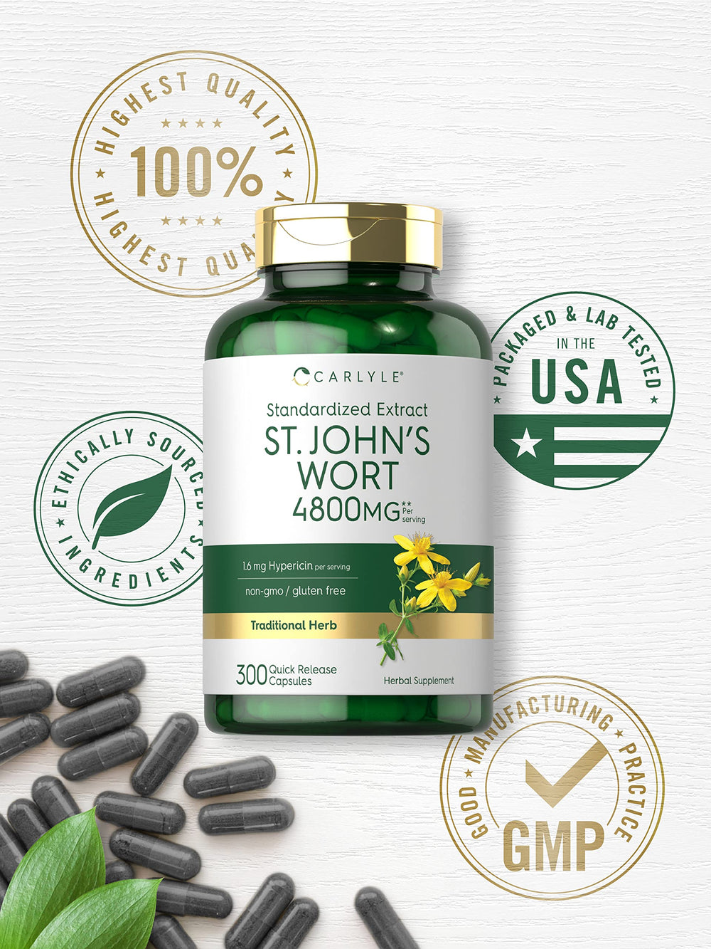 Carlyle St John's Wort capsules show gluten-free and non-GMO badges on packaging.