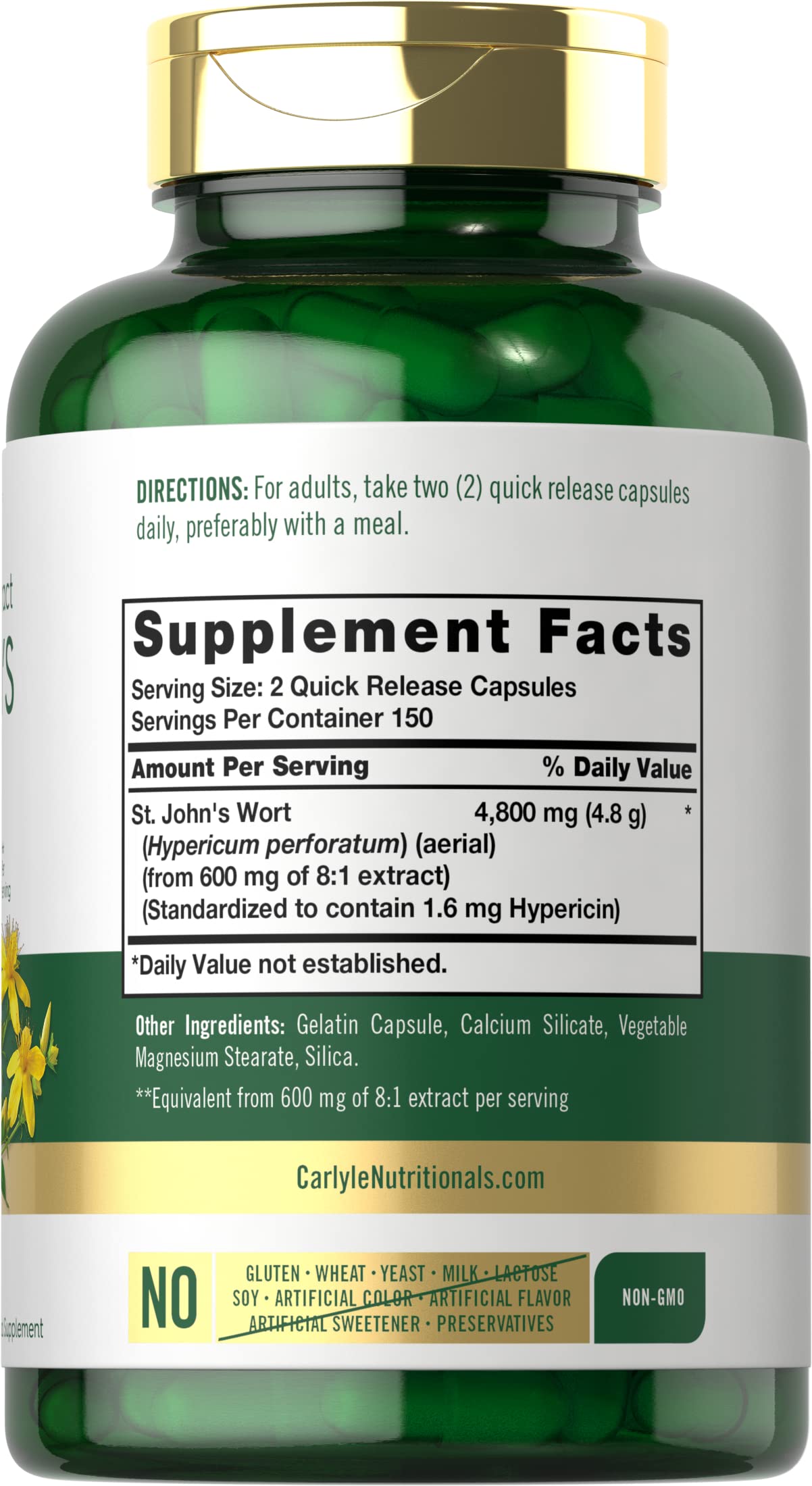 Carlyle St John's Wort capsules label showing gluten-free and non-GMO assurance.