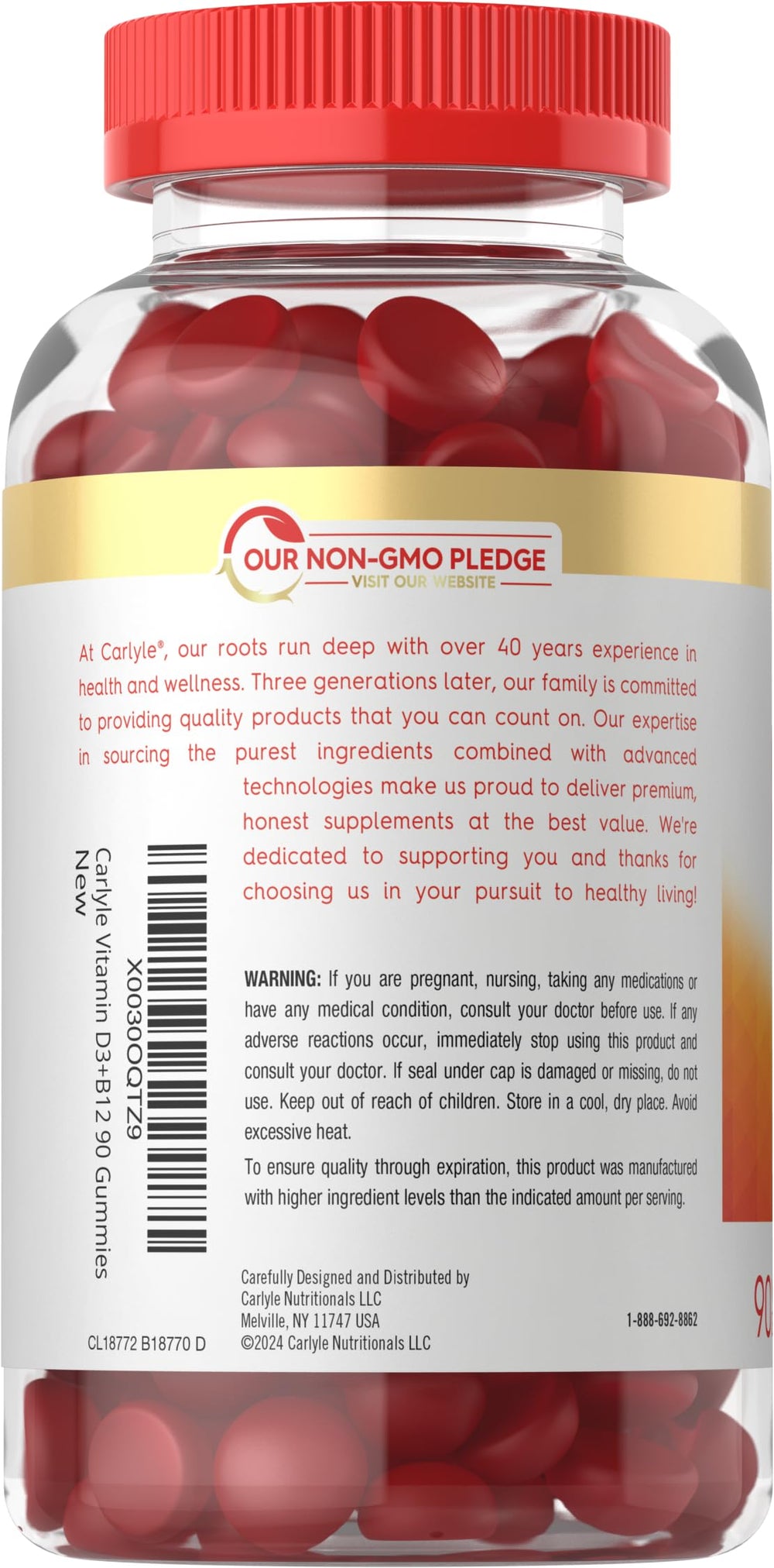 Carlyle strawberry-flavored gummies closeup highlights tasty, vegetarian, non-GMO formula.