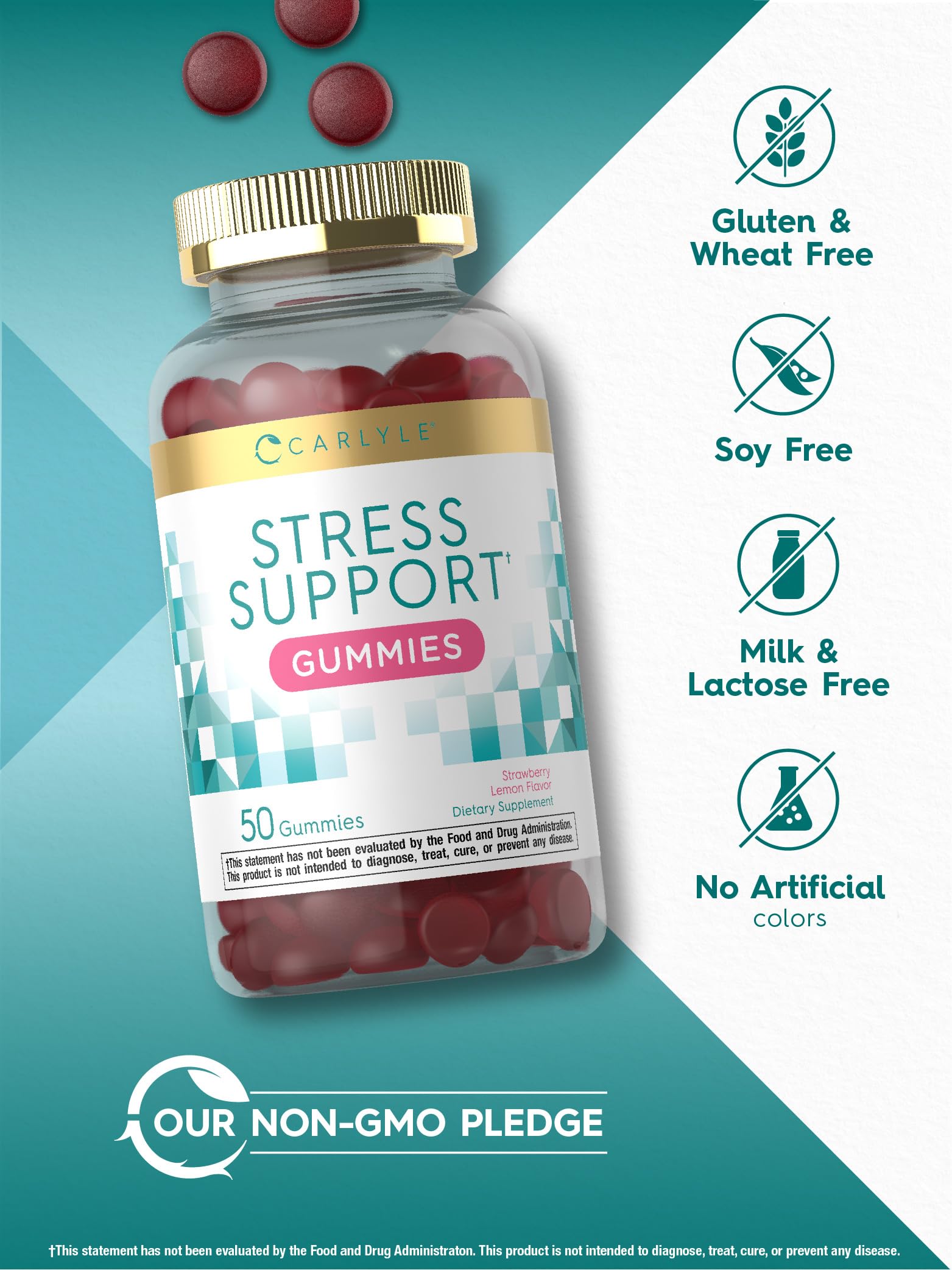 Carlyle gummies with lemon balm and L-Theanine shown with ingredients scene.