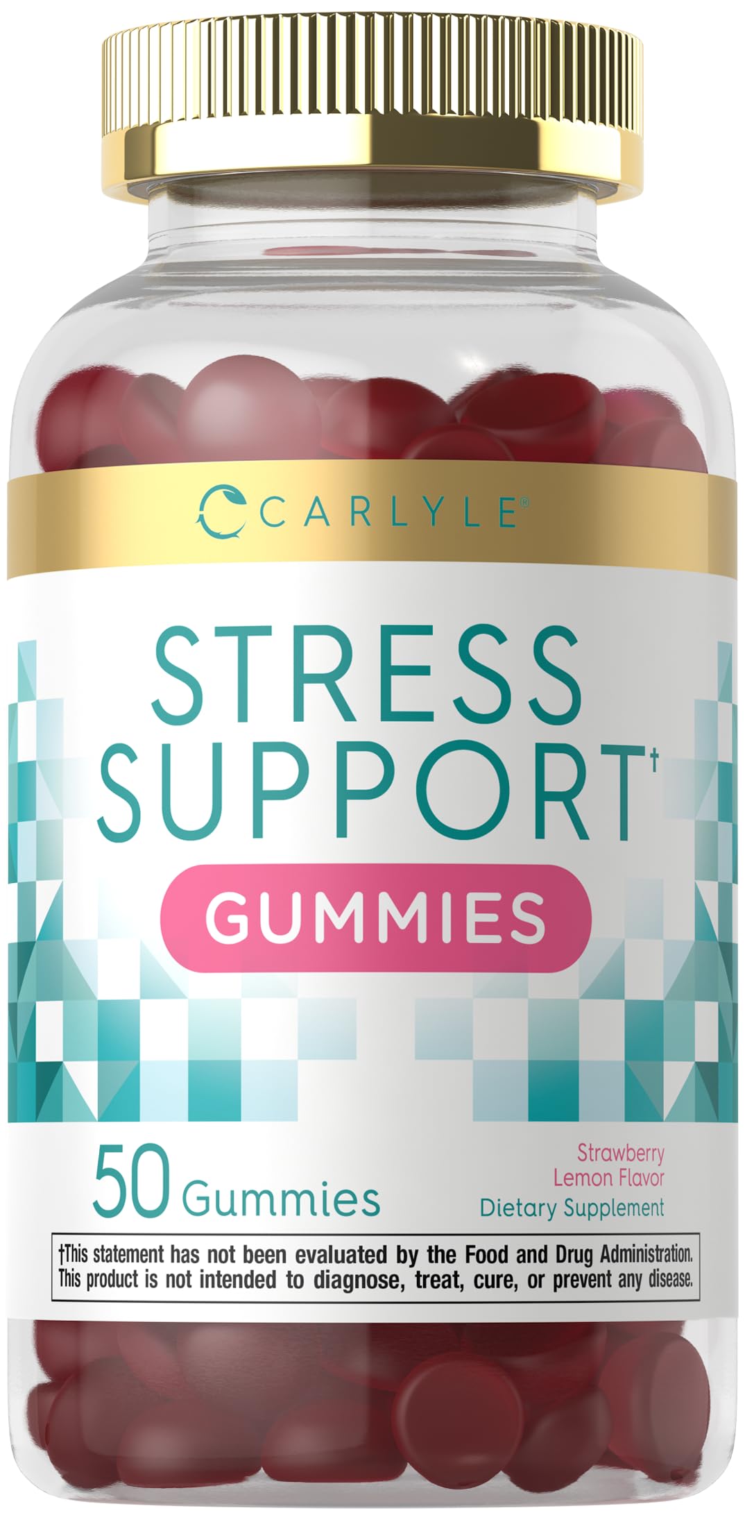 Carlyle Stress Support Gummies bottle with strawberry-lemon flavor supports calm on busy days.