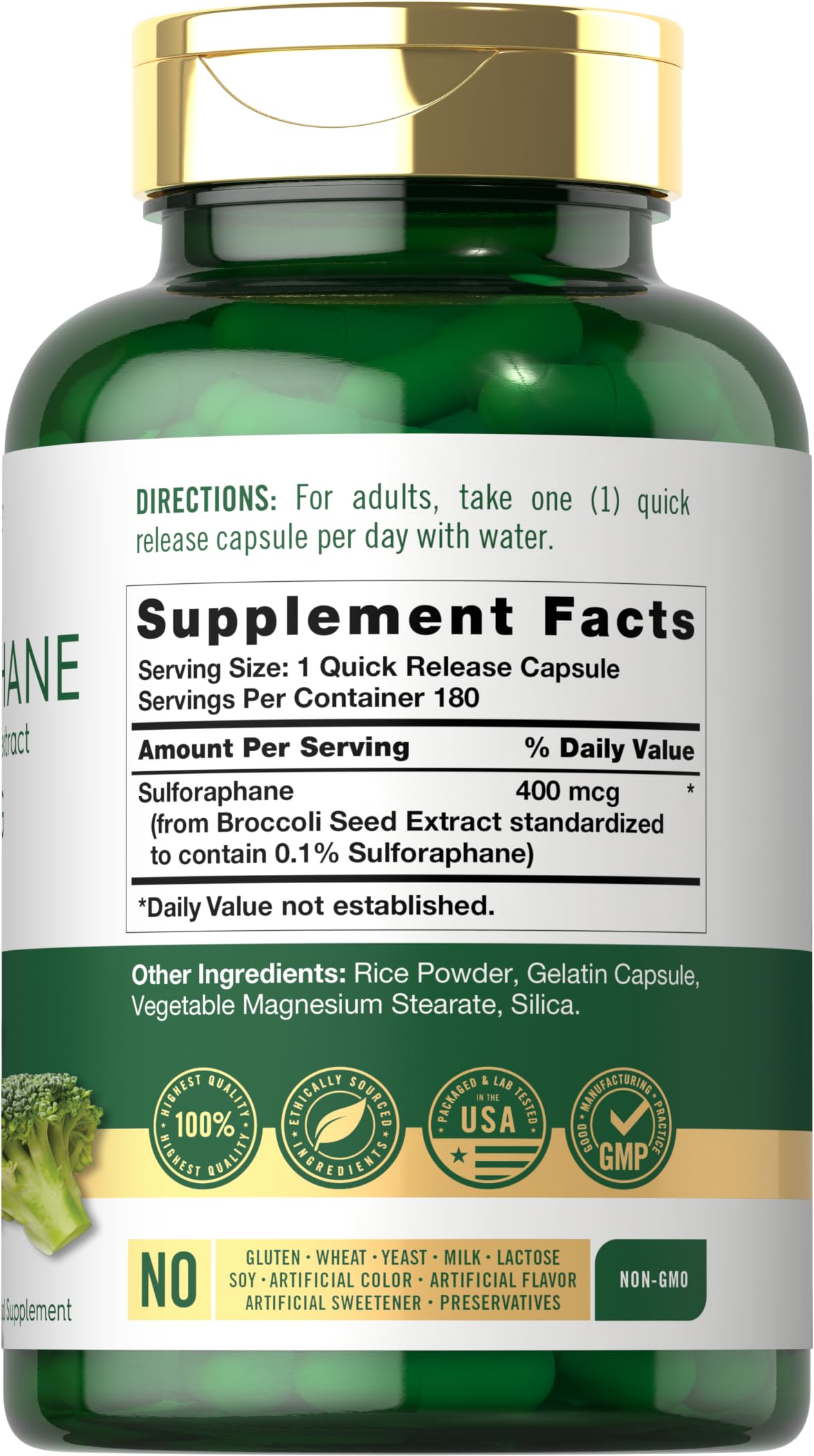 Carlyle Sulforaphane bottle side highlights 400 mcg per capsule and non-GMO formula
