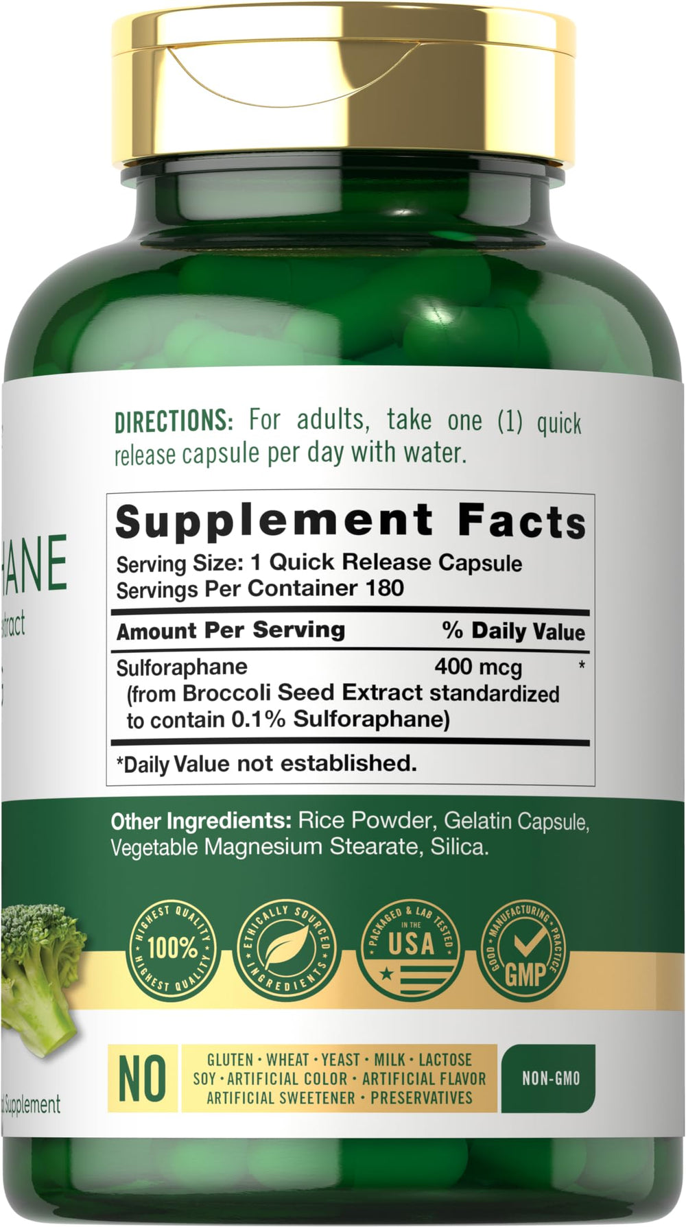 Carlyle Sulforaphane bottle side highlights 400 mcg per capsule and non-GMO formula