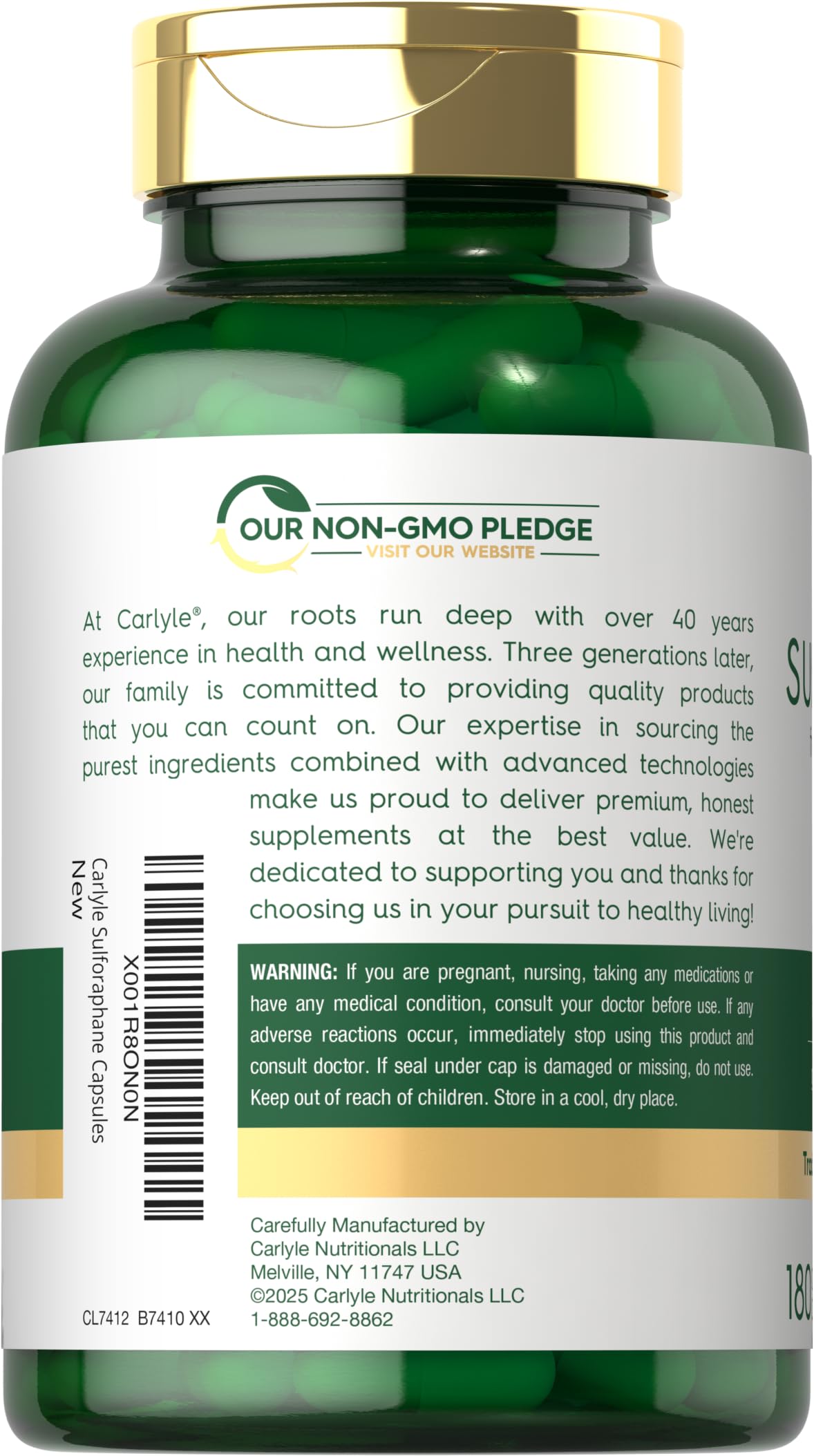 Carlyle Sulforaphane cap closeup emphasizing easy-to-swallow capsule design