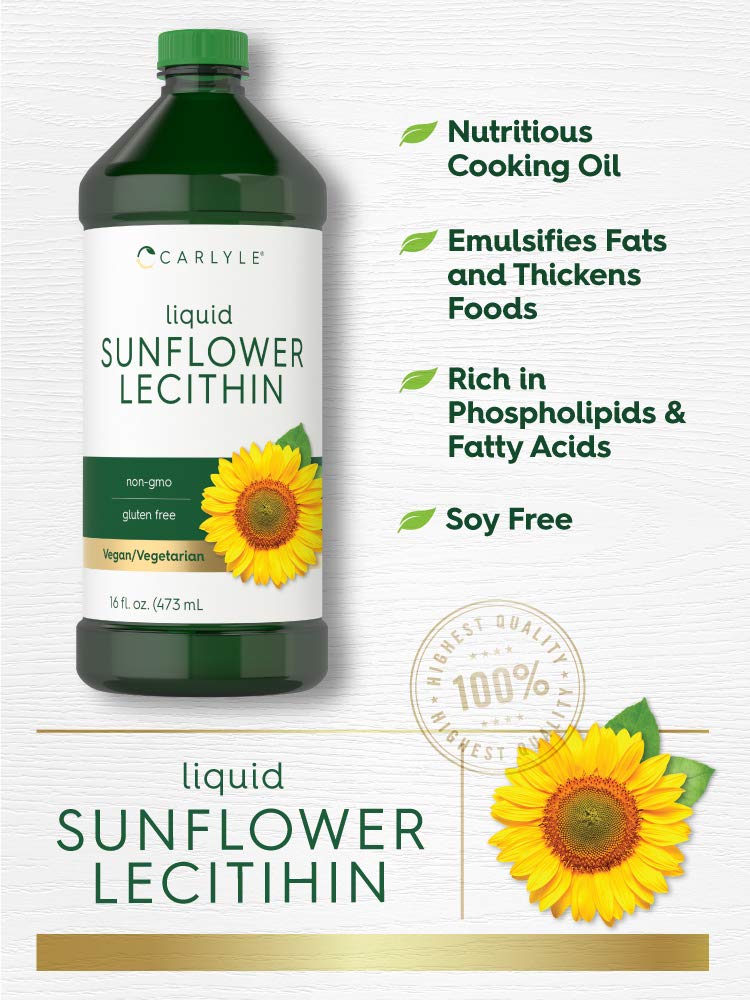 Carlyle Sunflower Lecithin Liquid label close-up, clear non-GMO and allergen-free promise.