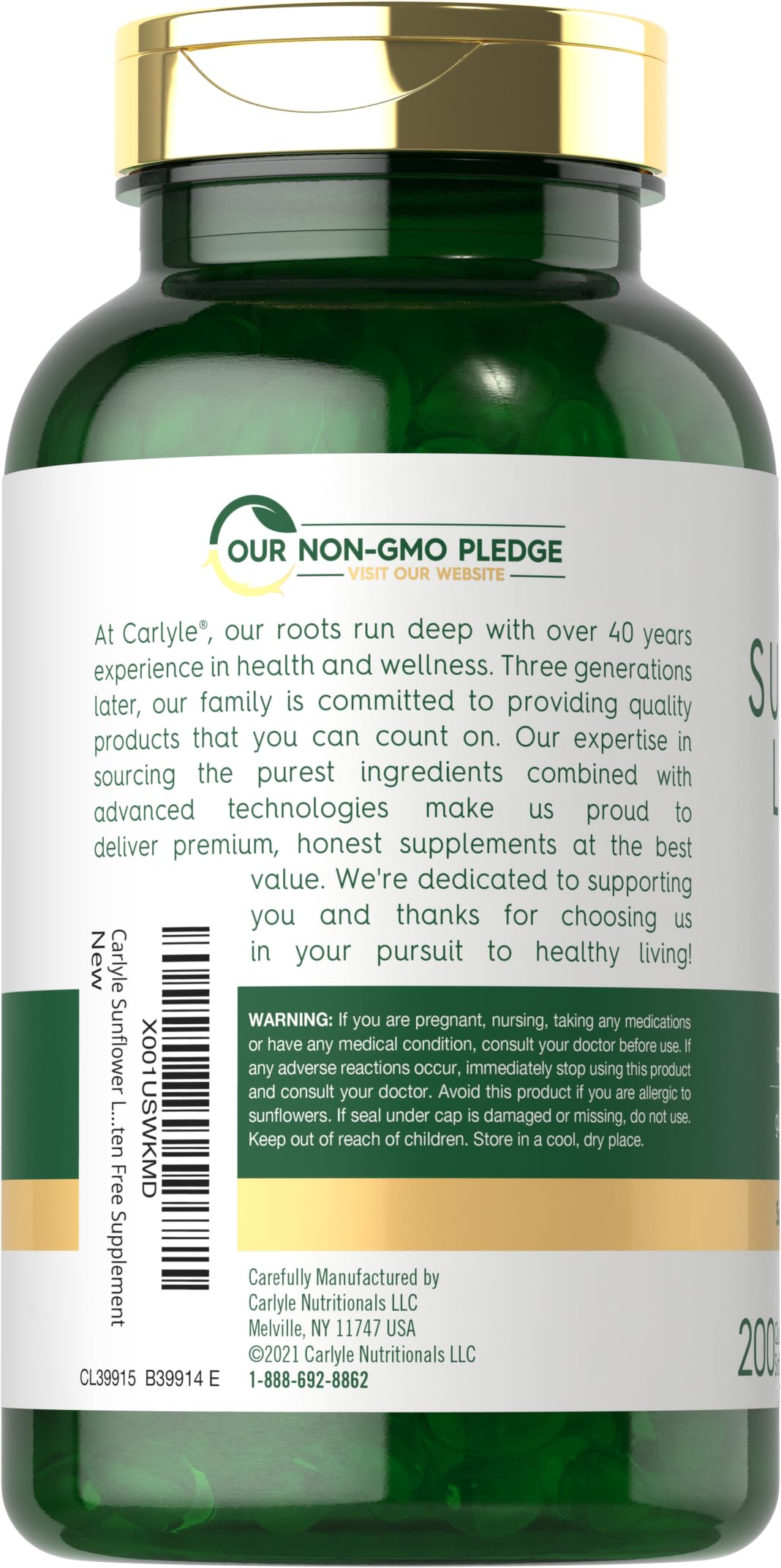 Carlyle Sunflower Lecithin softgel capsules held up, offering 2400 mg per serving.