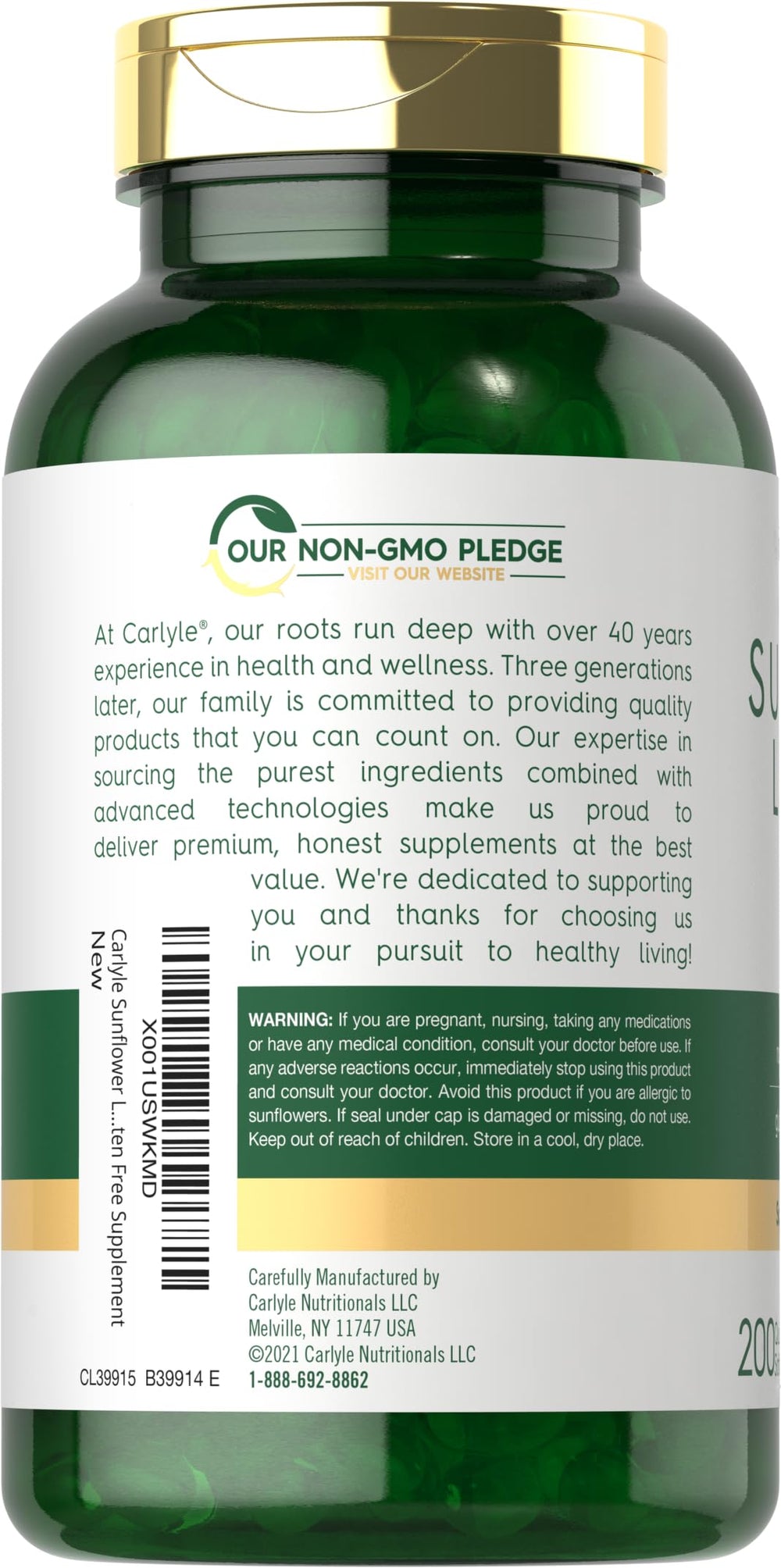 Carlyle Sunflower Lecithin softgel capsules held up, offering 2400 mg per serving.