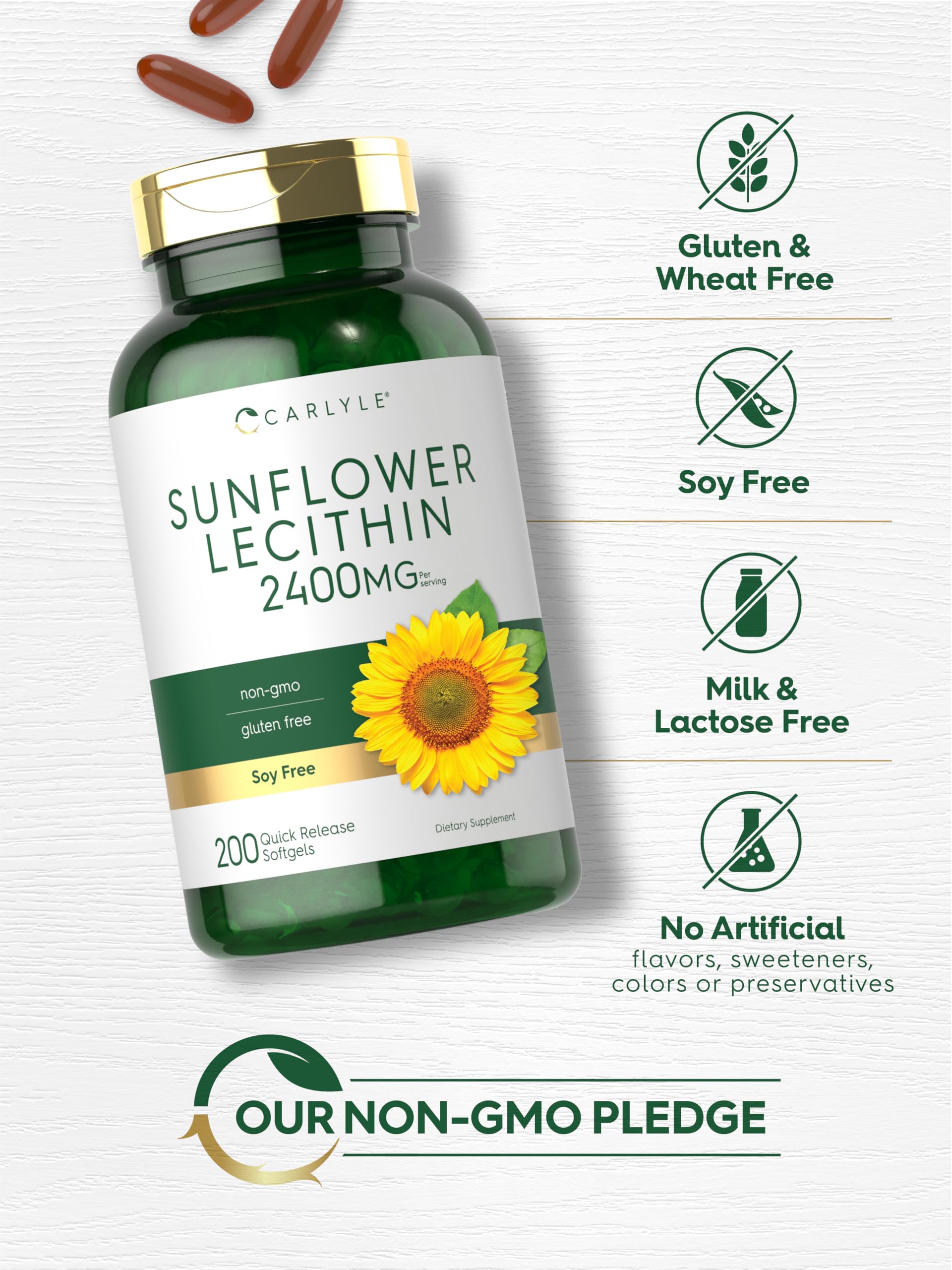 Carlyle Sunflower Lecithin softgel packaging communicates gluten-free and soy-free accessibility.
