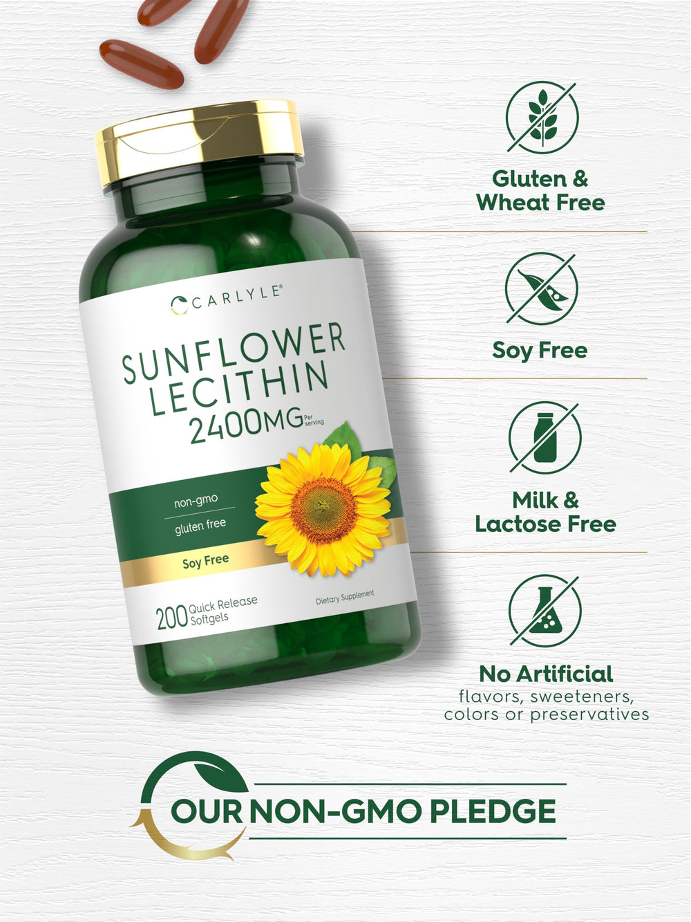 Carlyle Sunflower Lecithin softgel packaging communicates gluten-free and soy-free accessibility.