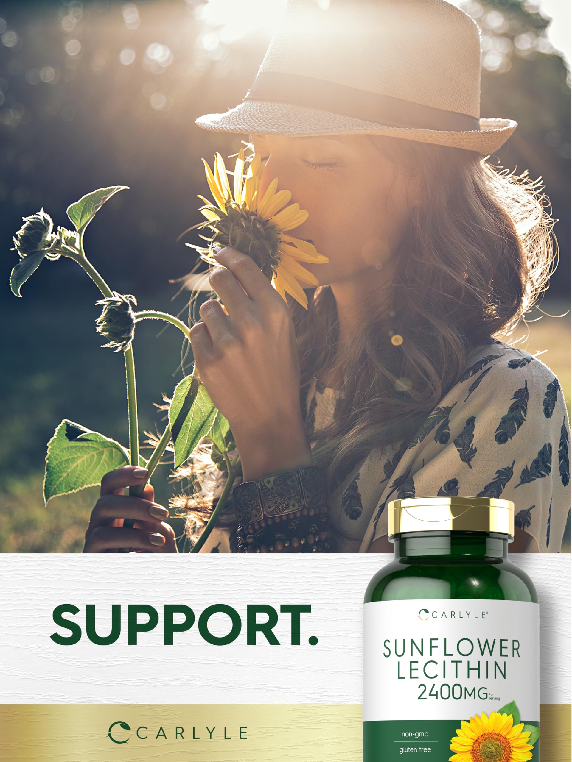 Carlyle Sunflower Lecithin softgel non-GMO claim visible, reinforcing trusted supplement choice.